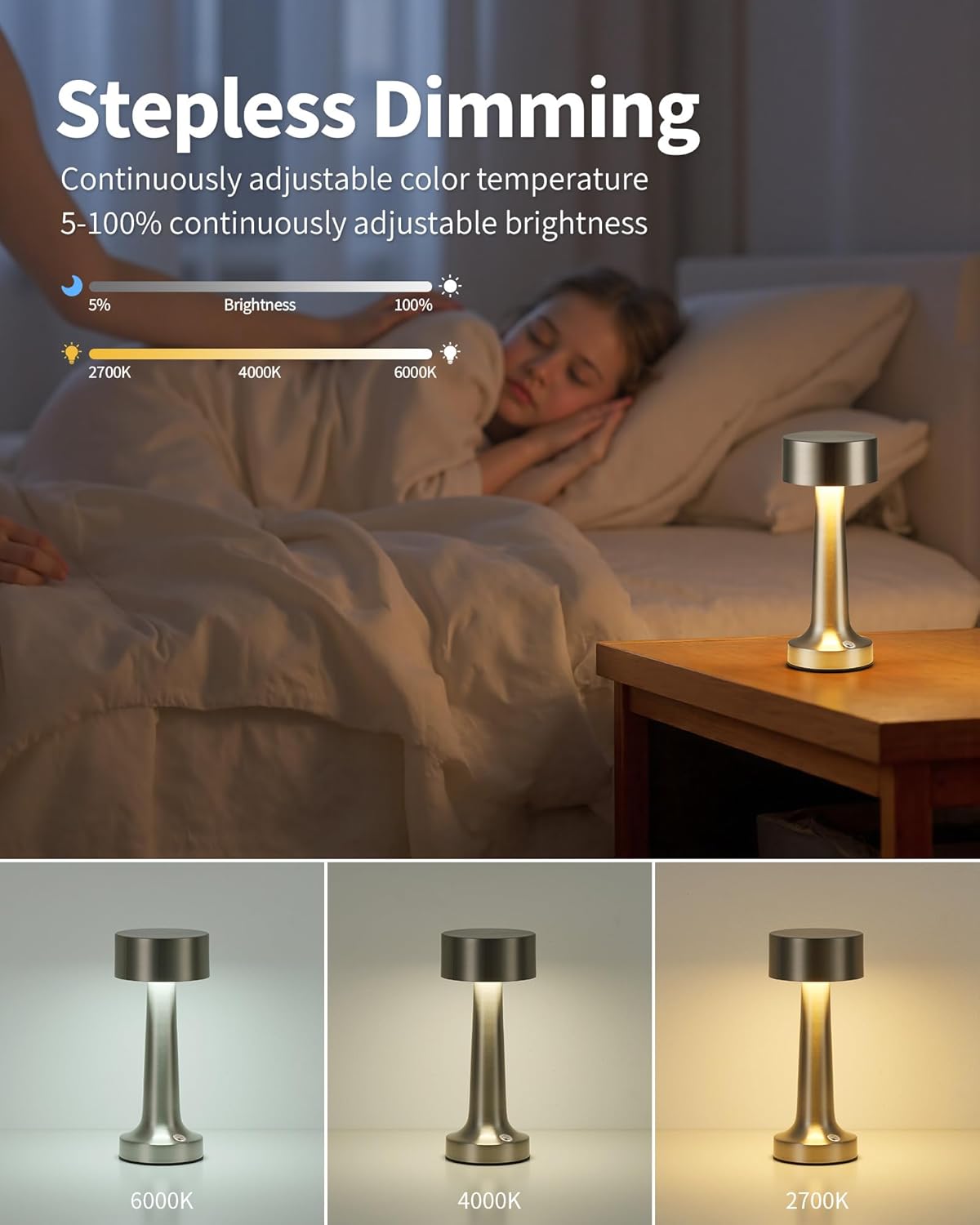 PUSU Cordless LED Nickel Small Table Lamps Set of 2, Portable Rechargeable 4000mAh Battery Operated Desk Lamp, 3 Color Stepless Dimming for Kids, Restaurant, Bedside, Outdoor, Bar, Night Light, Gift