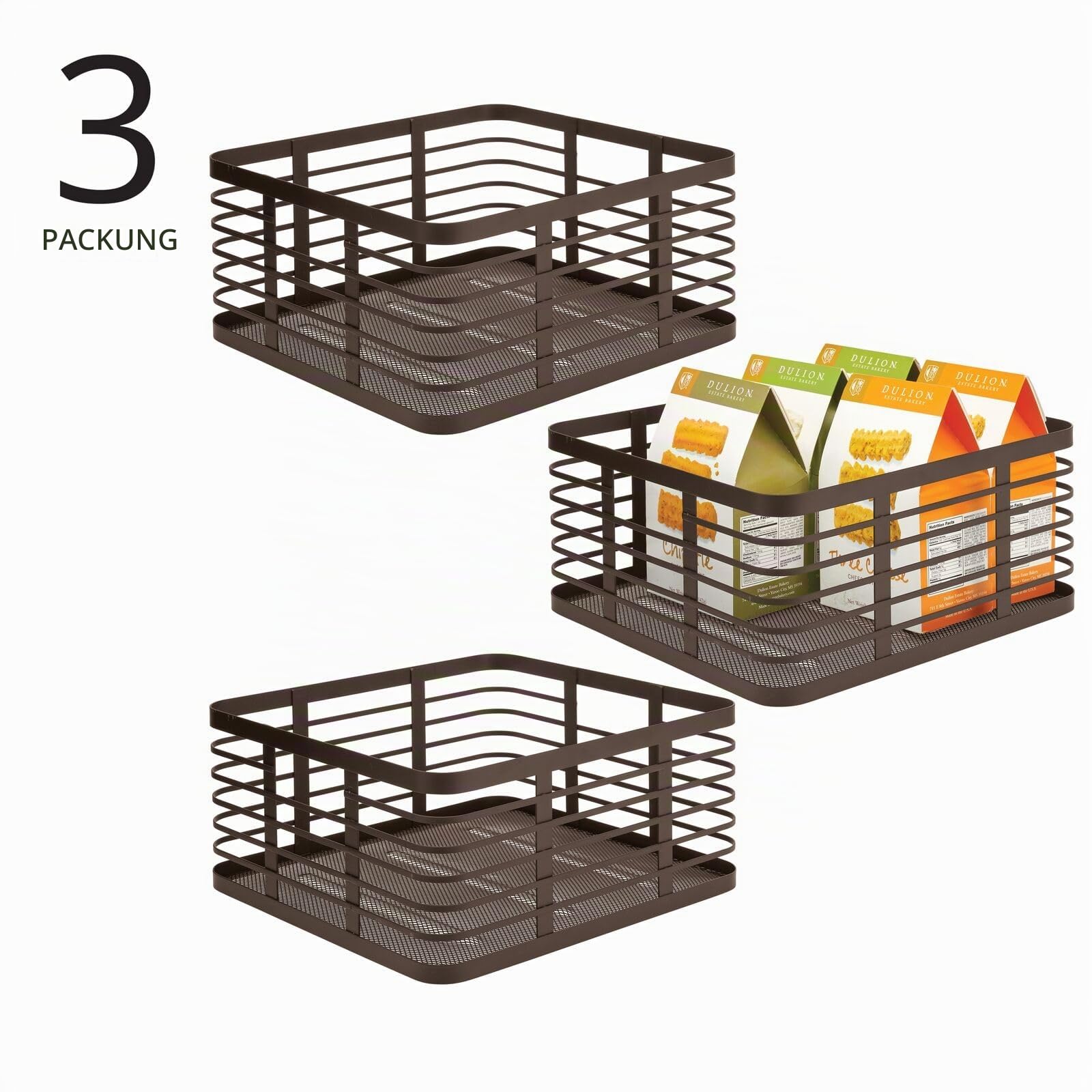 mDesign Allzweckkorb aus Metalldraht – praktischer Aufbewahrungskorb für Küche und Haushalt – kompakter und universeller Drahtkorb – 3er-Set – bronzefarben