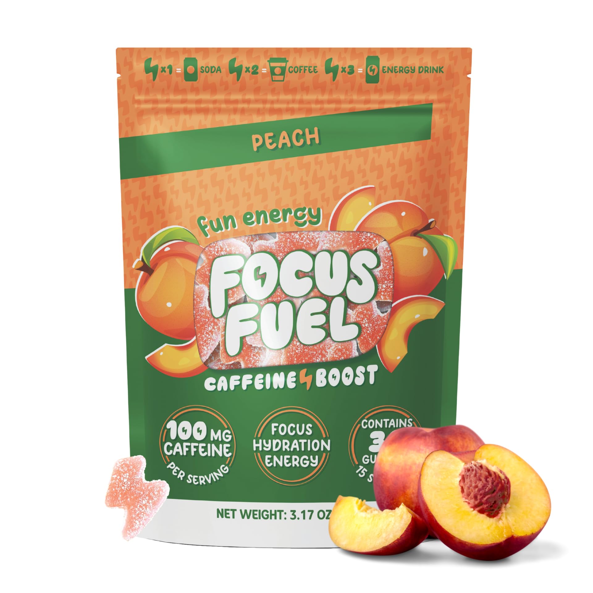 Energy Chews: 3-in-1 for Focus, Hydration, 100mg Caffeine (per 2 Gummies) with B12, Magnesium, Ashwagandha. Gluten-Free, All-Natural (Peach, 15 Servings)