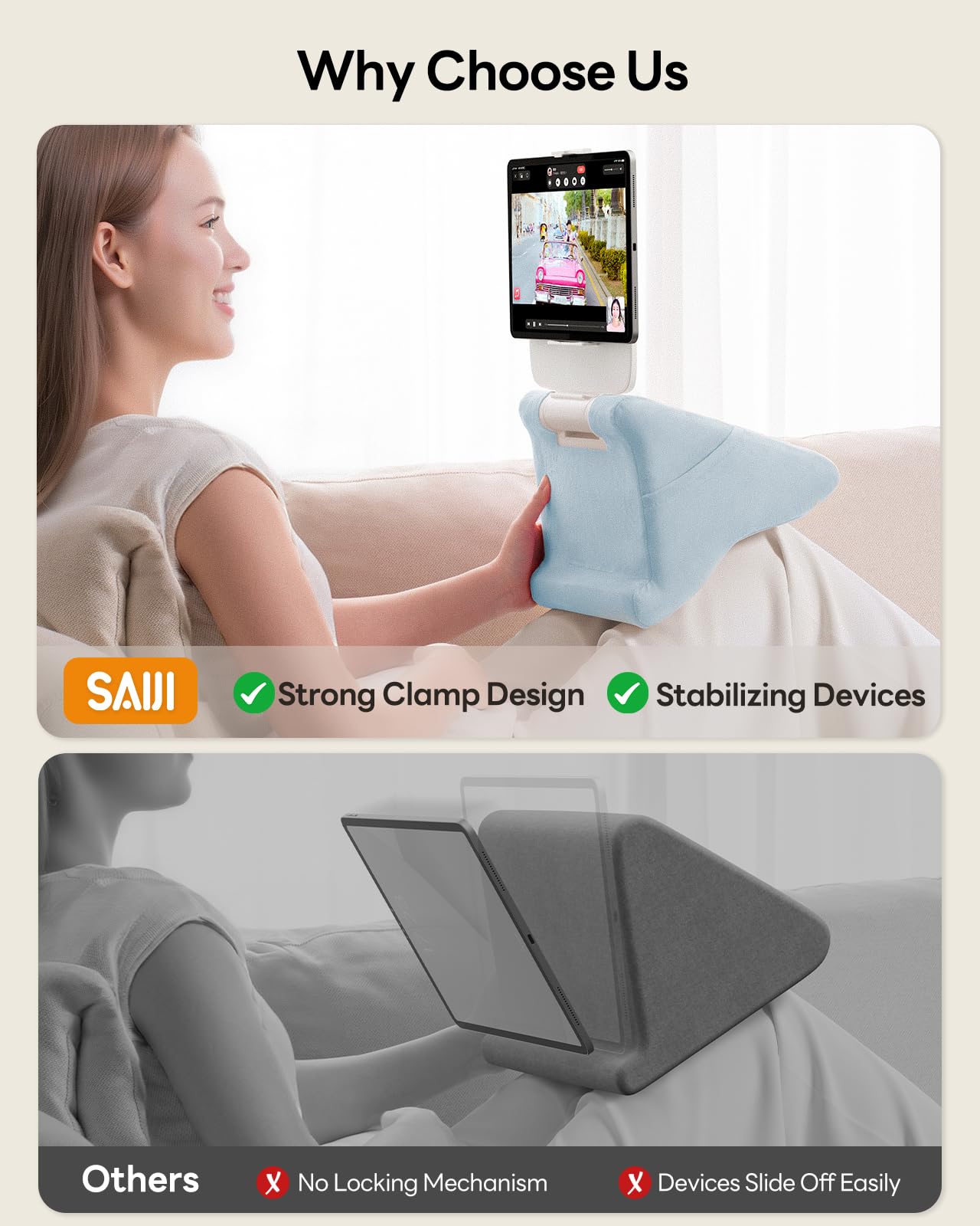 SAIJI Supporto per iPad – Supporto per tablet Kindle per leggere a letto, con clip regolabile per tablet da 4 a 13 pollici, come iPad Pro, Air, Mini, Kindle, Galaxy Tab, e-Reader, blu