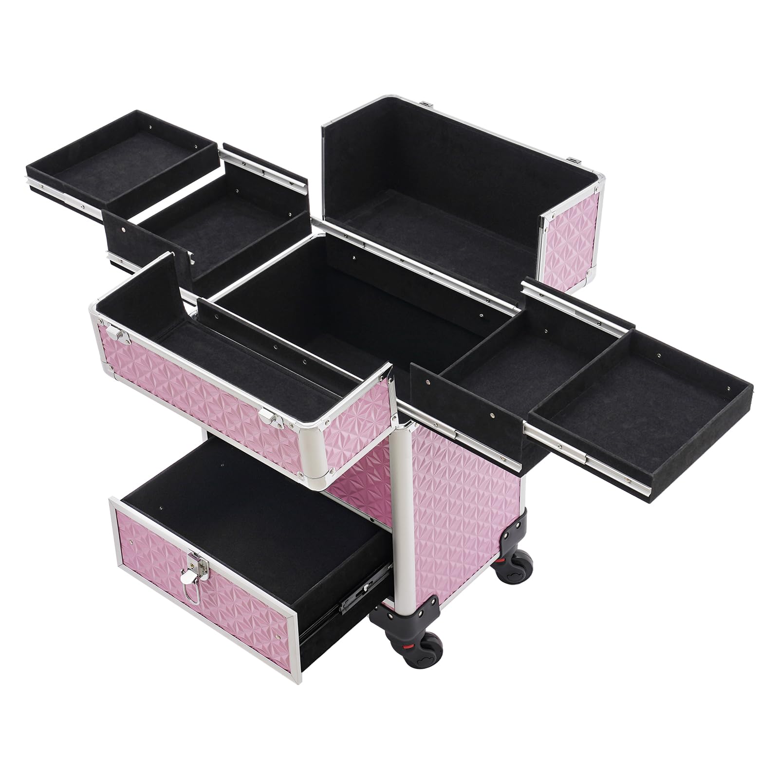Kosmetikkoffer Hartschale mit Rollen, Beauty Case Trolley für Make-up Artist, Frisöre & Friseurinnen, Großer Schminkkoffer mit 7 Fächern & Schublade, 20kg Tragkraft (Rosa)