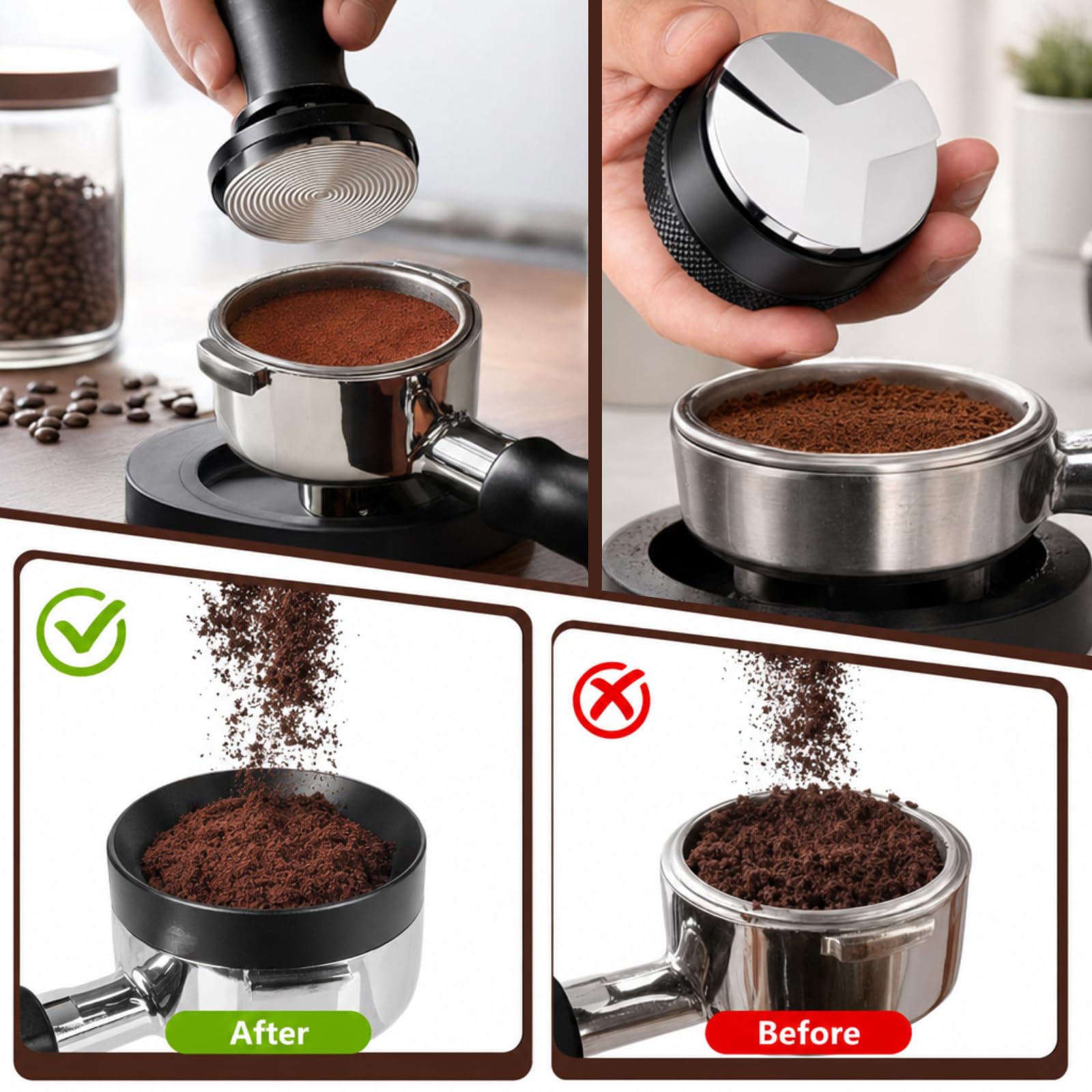 Barista - Juego de prensador de café (7 piezas, 51 mm, con estación de apisonamiento, aguja, distribuidor, anillo dosificador de 53 mm, pantalla y cepillo, acero inoxidable 304)