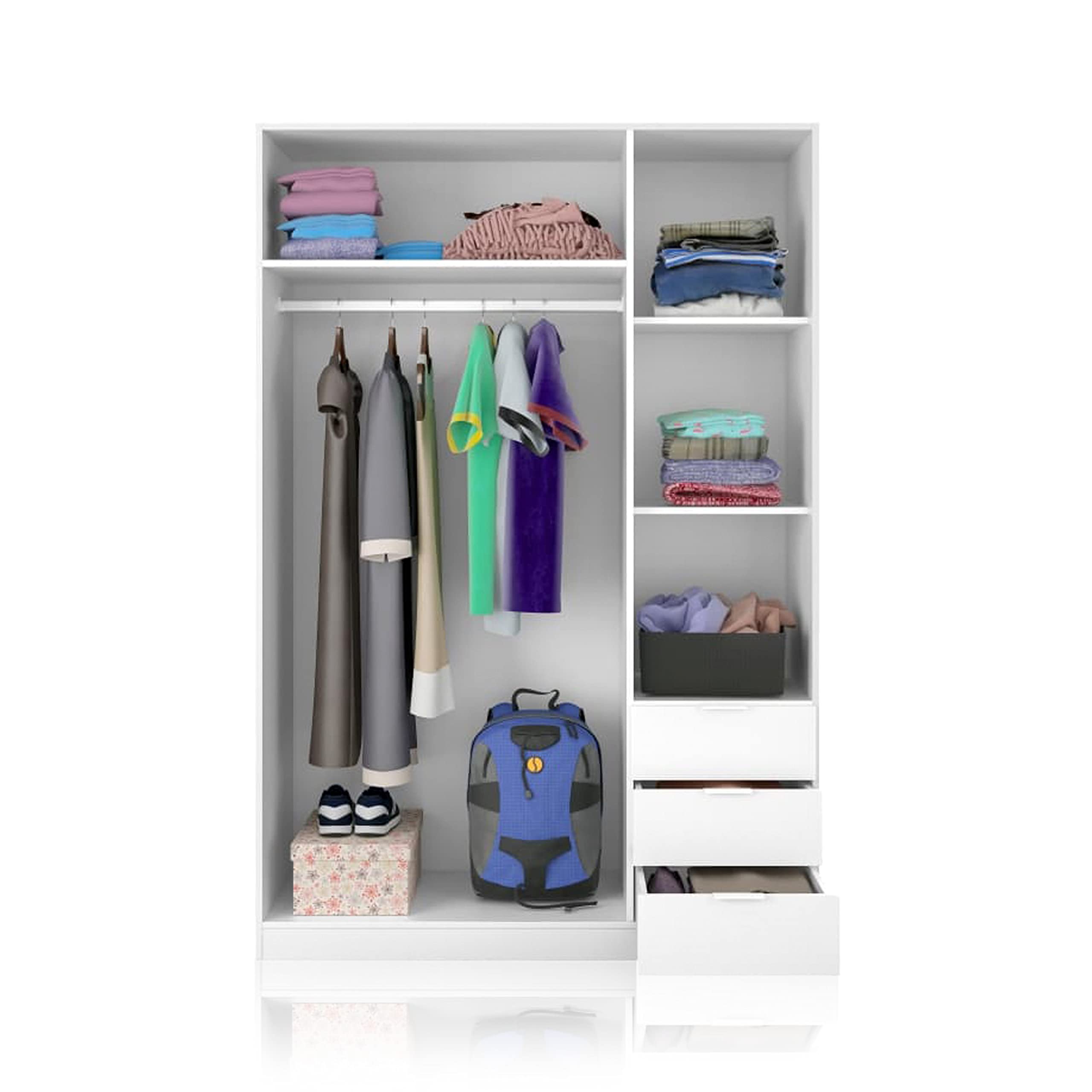 duehome | Armario de 3 Puertas y 3 Cajones, Armario para Dormitorio, Modelo Hexa, Acabado en Blanco Soft, Medidas: 121 cm (Largo) x 180 cm (Alto) x 52 cm (Fondo)