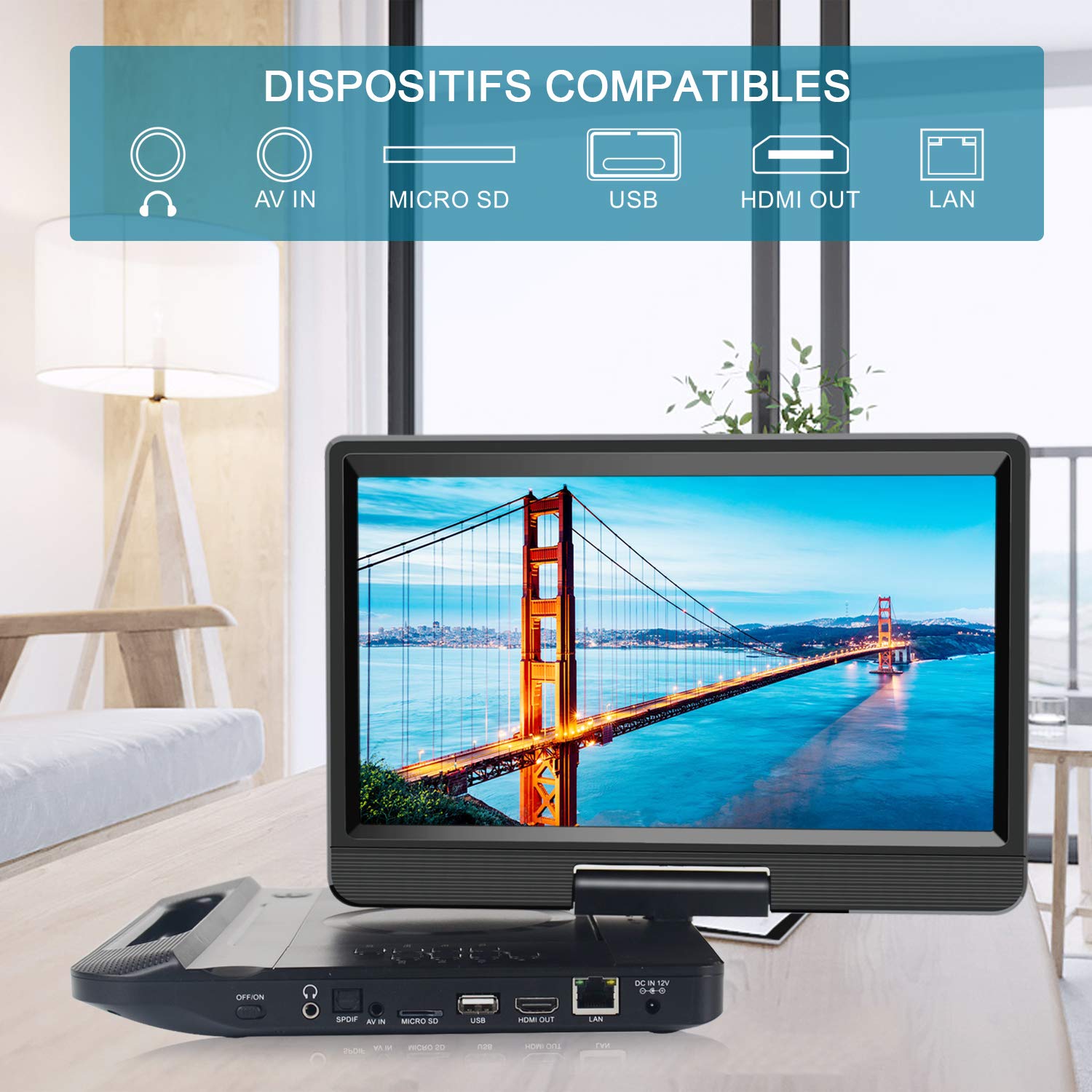 FANGOR Lecteur DVD Blu-Ray Portable 12 Pouces Accepte Full HD 1080P Dolby Audio, Batterie Rechargeable Intégrée, Supporte HDMI, AV in, USB/SD/MMC 4 Heures d'autonomie