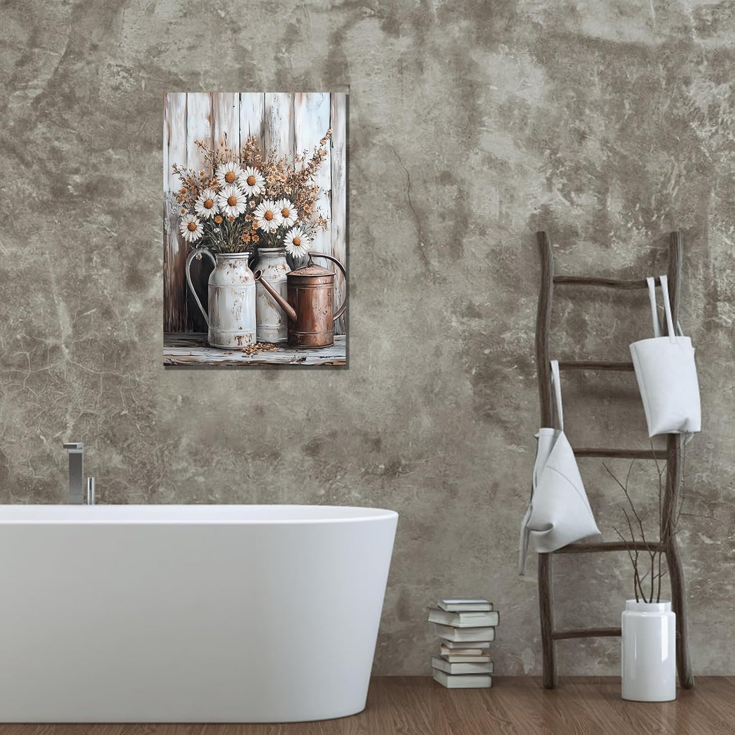 HYFBH Rustic Farmhouse Floral Daisy Canvas Wall Art Farmhouse Floral Bouquet Painting Rustic White Daisy Flower Bedroom Flower Wall Decor for Bedroom Living Room Bathroom Office Framed 16x24 Inch