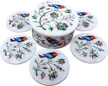 ArtEras Marble Coaster Set with Semi-Precious Stones Inlay Work AE-05| Colorful Silver Grey 6 trivets with Holder and Lid, Diameter - 5 inch