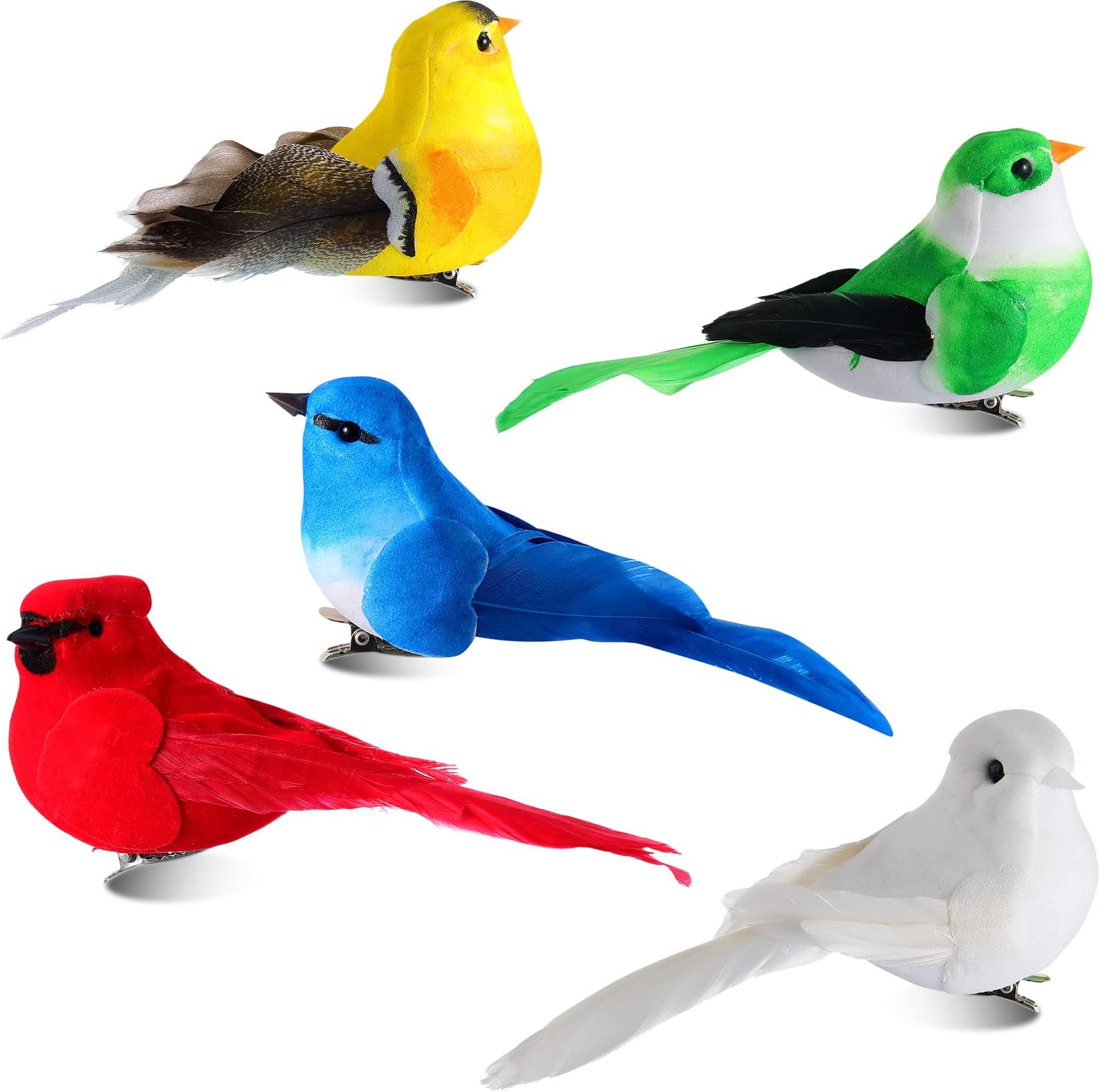 Threan 5 Pcs Artificial Birds Fake Birds Clip on Realistic Bird Ornaments Figurines for Tree Feathered for Spring Easter Party Wreath Craft Yard Garden Home Decor Flower Arrangement, Assorted Colors