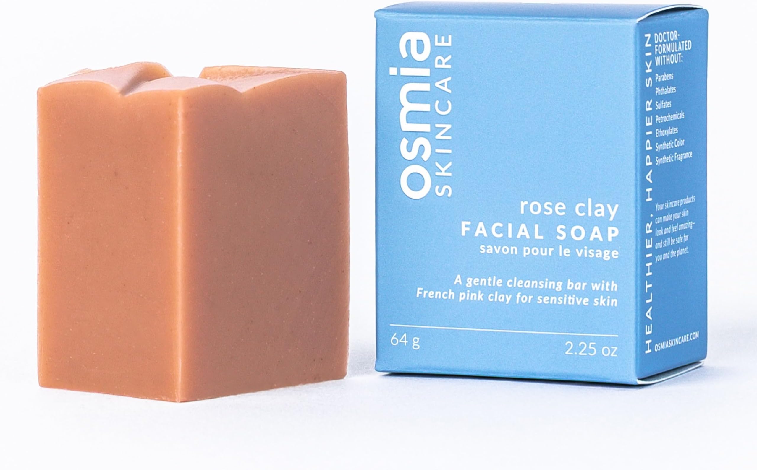 Osmia Skincare - Natural Rose Clay Facial Soap Bar | Coconut Milk, Jojoba Oil, Mango Butter | Soothe, Plump, Soften | Clean Beauty for Healthy Skin (2.25 oz | 64 g)