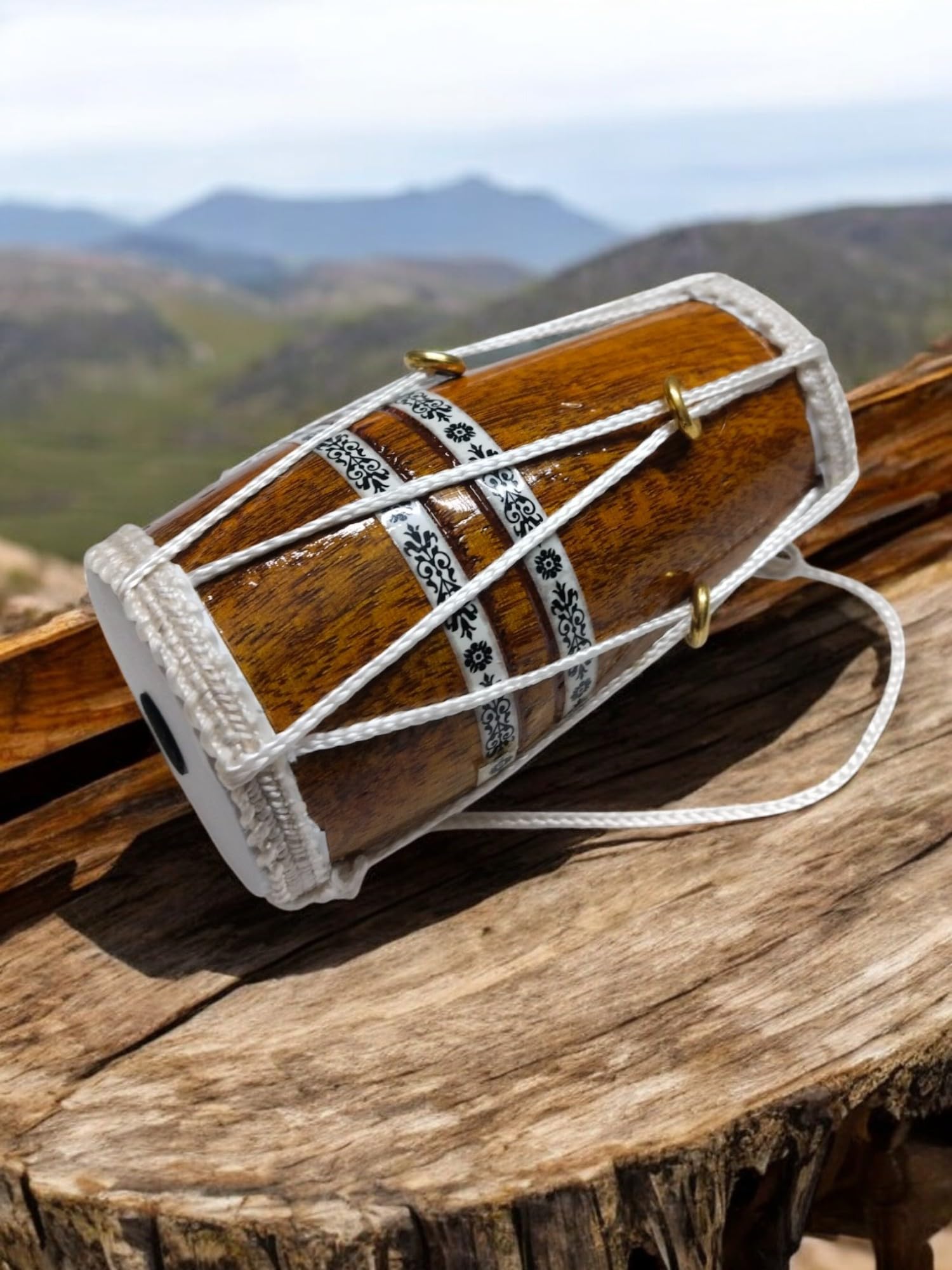 Handcrafted Wooden Dholak Traditional Indian Musical Decor, White Rope Design, Brown-image-48