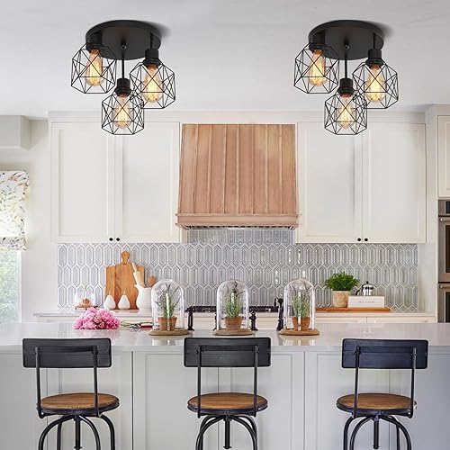 Miniatura 9 de Lámpara de techo industrial de 3 luces, lámpara de techo de jaula de hierro, 3 lámparas cerca del techo, lámpara moderna para dormitorio, entrada,