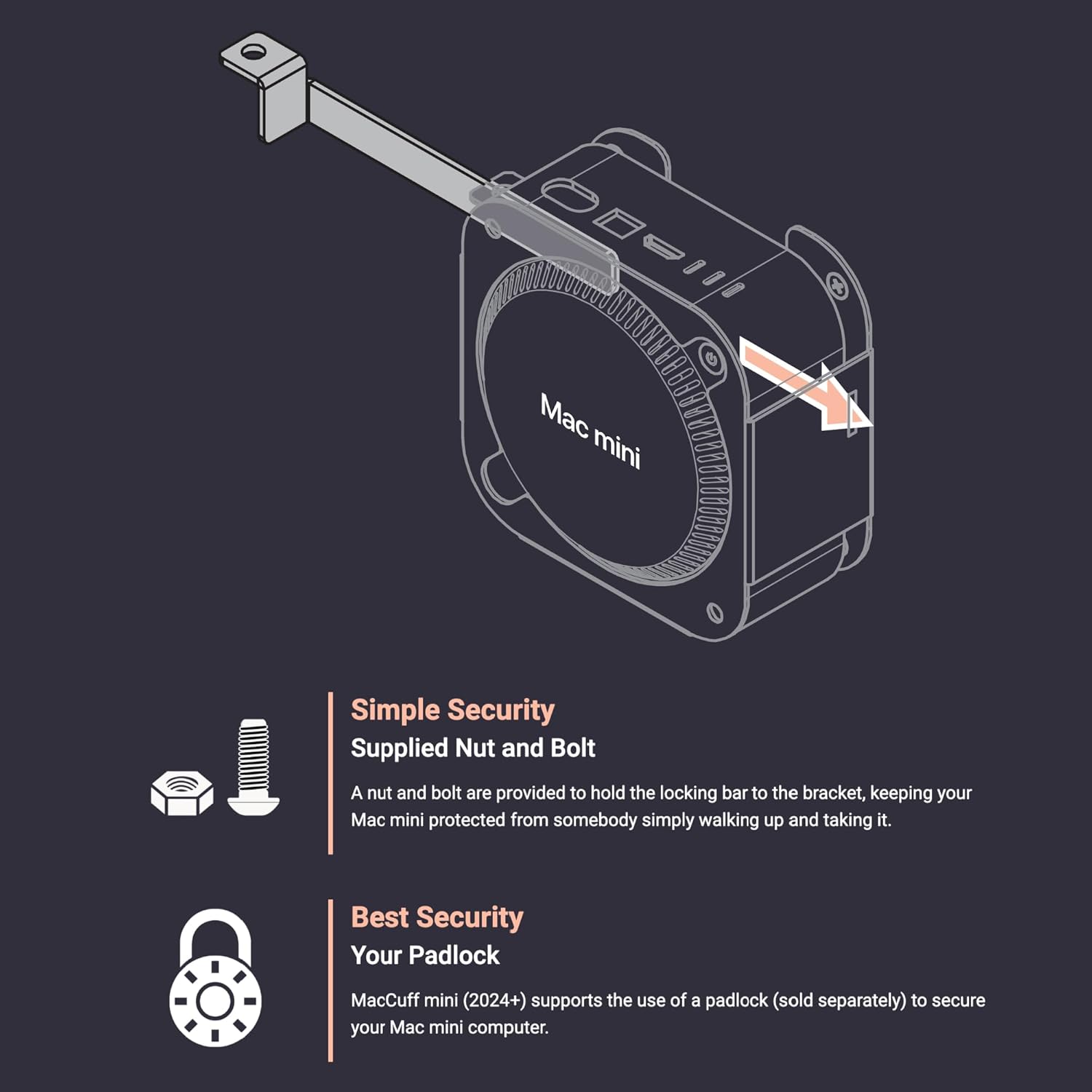 Sonnet MacCuff mini (2024+) Steel Mounting Bracket for 2024 Mac mini for Under Desk, Wall & VESA Monitor Mount – Padlock Compatible
