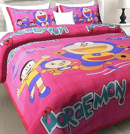 Dark Edge Home 100% Cotton Doraemon Printed Cartoon Bedsheet for Kids, Soft Designer Double Bedsheet with 2 Pillow Covers- King Size (270 cm X 225 cm) ( Pink ) (Pink)