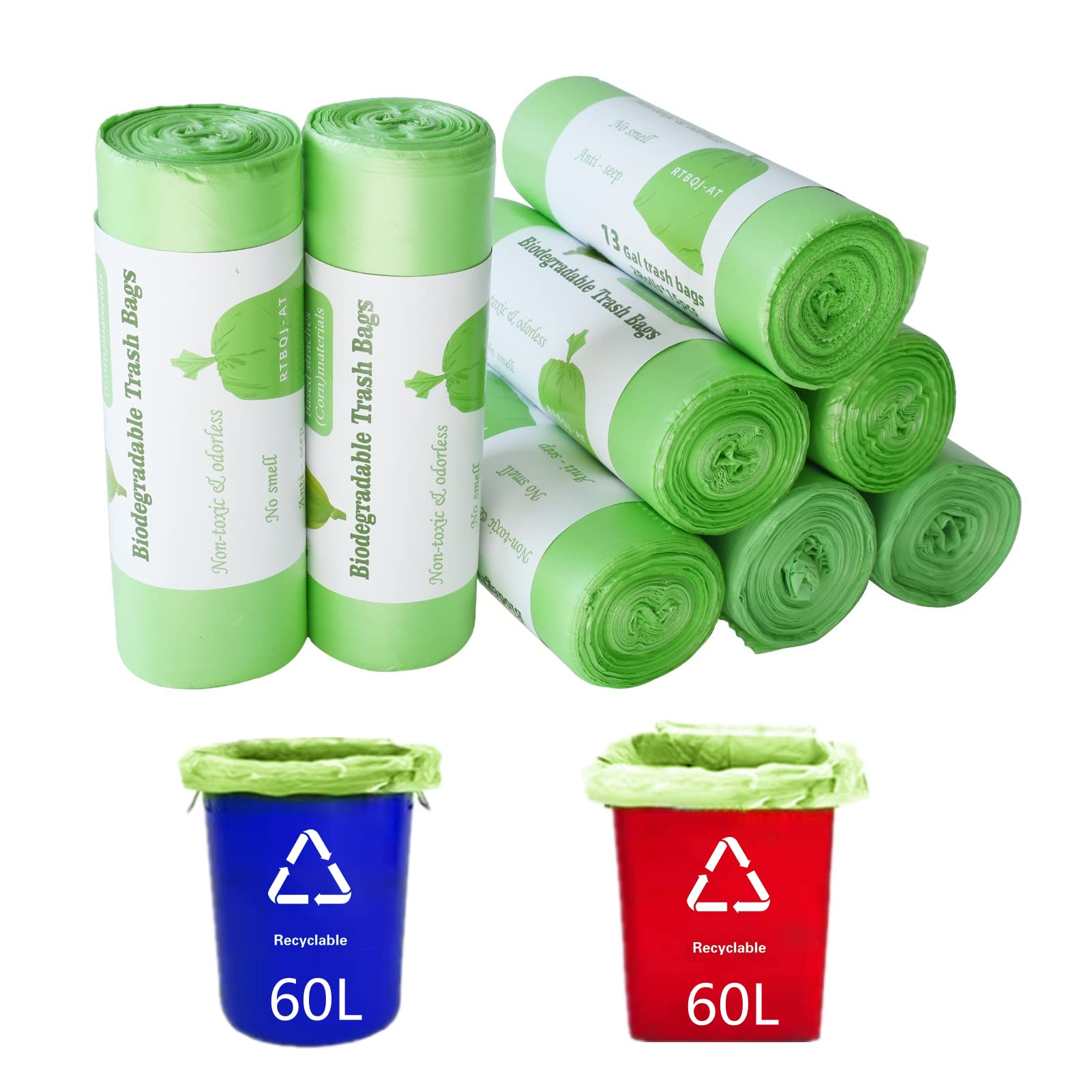 Rtbqj-At Green 100% Biodegradable Bin Liners, 60L 120 Bags Biodegradable Food Waste Bags, Super Sturdy Bin Bags