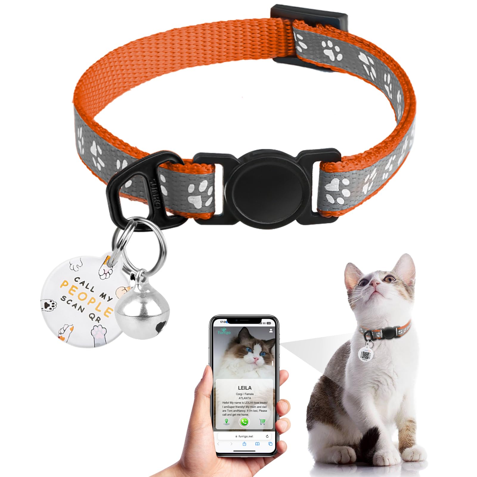 Collier pour chat avec code QR et clochette réfléchissante ajustable