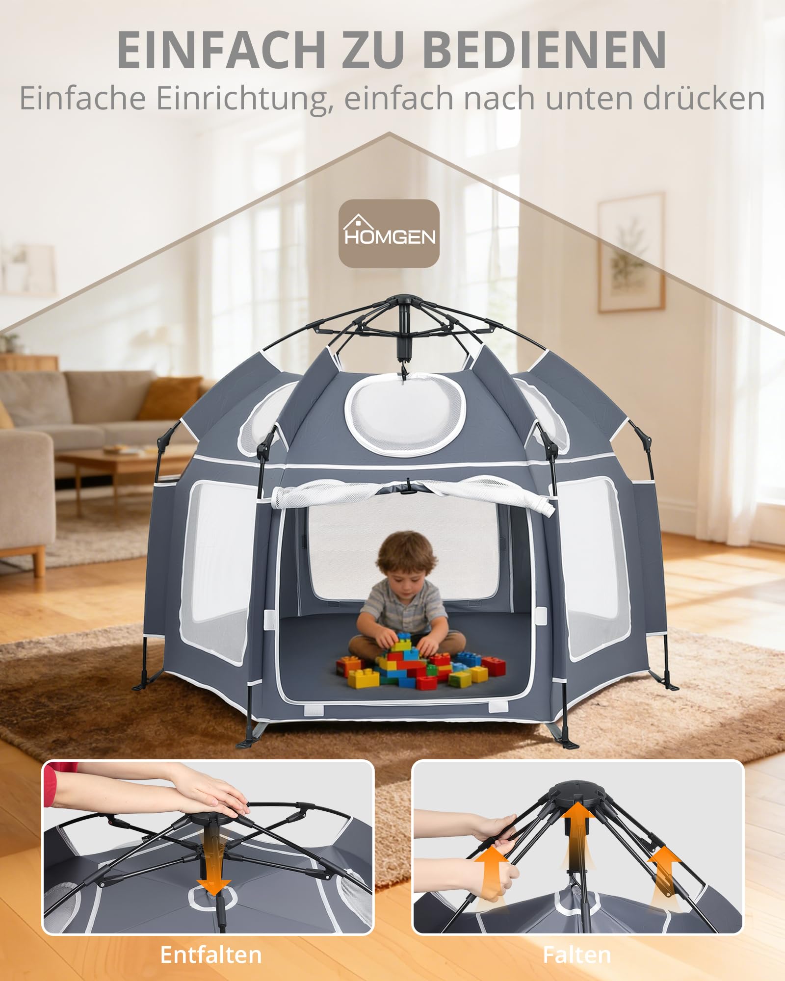HOMGEN Pop Up Laufstall Baby Faltbar 150x150cm Playpen mit Sonnendach