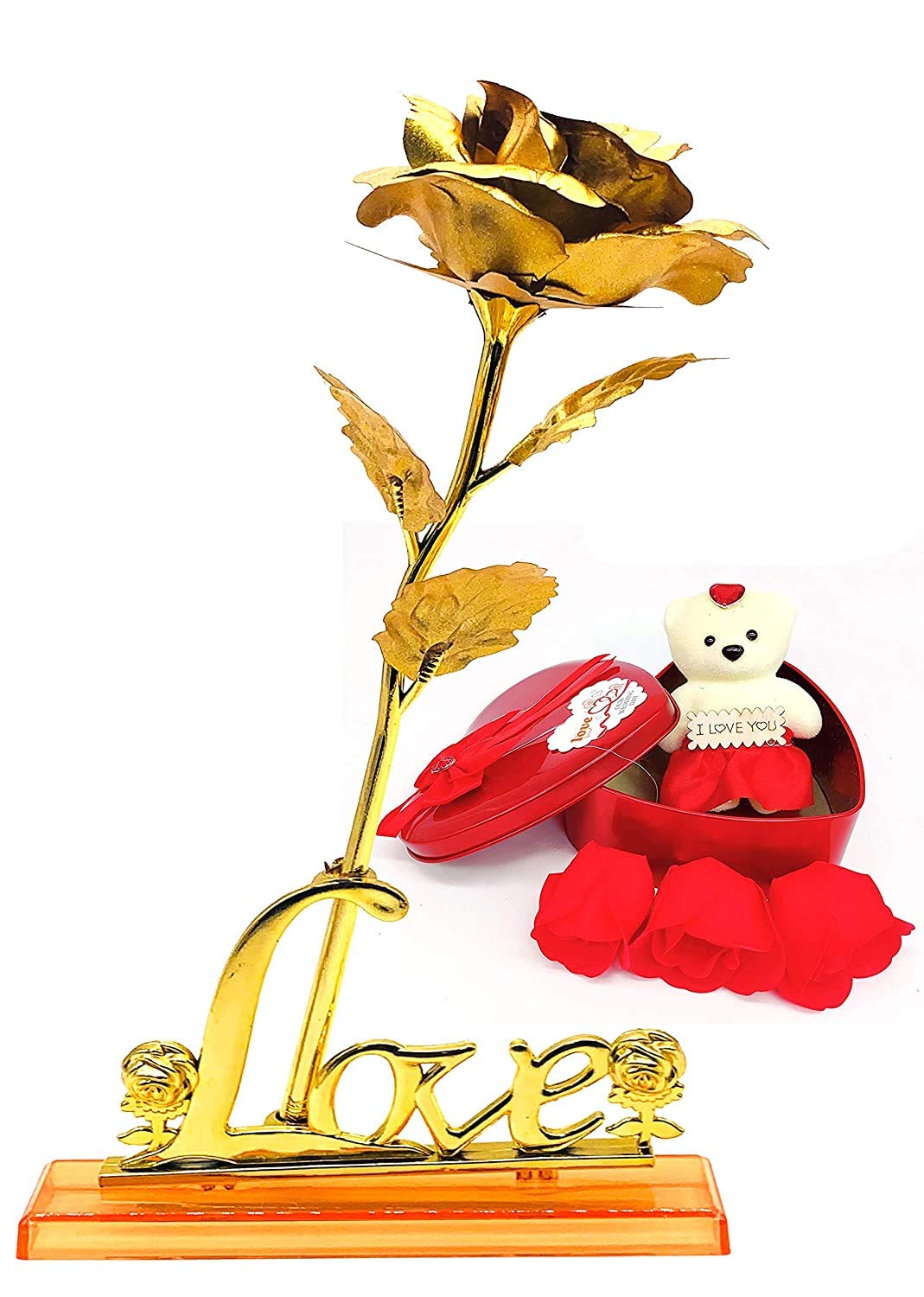 Artificial Rose for Rose Day Valentine's Day Golden Rose with Love Stand and Heart Box