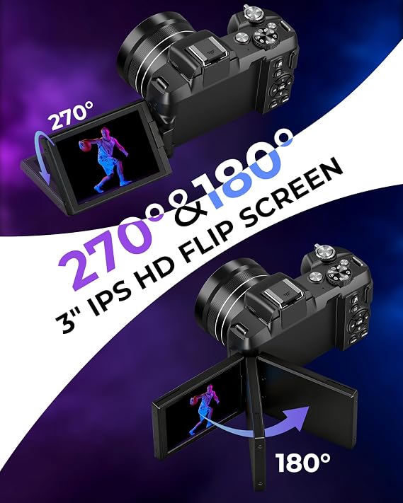 5K Digital Cameras for Photography - 80MP WiFi Vlogging Camera for YouTube with 3 270 Flip Screen - UHD Fast Autofocus Video Camara for Beginner Travel Camaras with 18X Zoom, Memory Card, Lens Hood