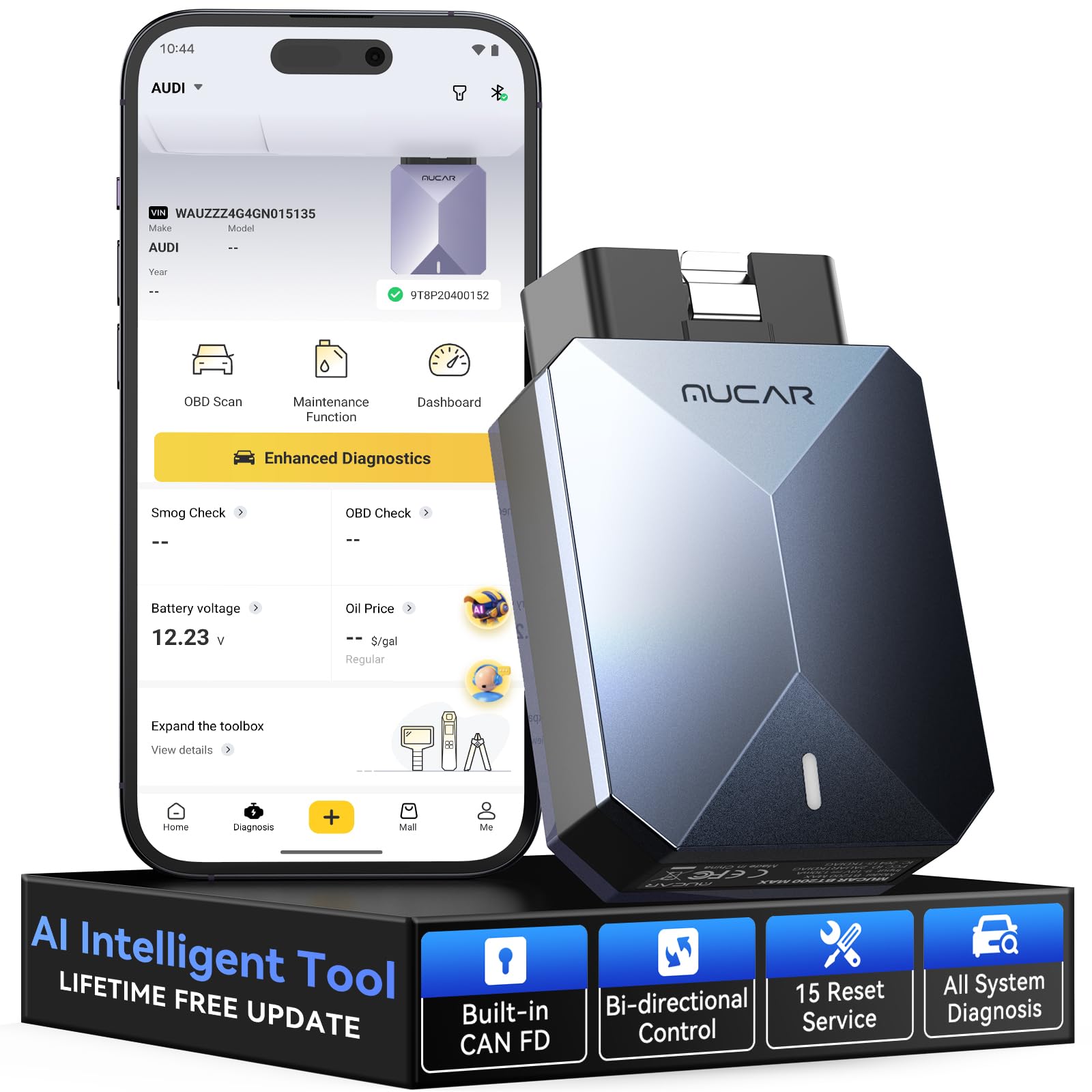 MUCAR BT200 MAX AI OBD2-Scanner, CANFD-Komplettdiagnosegerät mit 15 Resets, lebenslangen kostenlosen Updates und bidirektionaler Steuerung