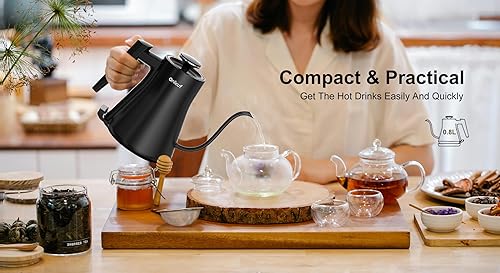 Miniatura 8 de Hervidor eléctrico de cuello de cisne de 0.8 litros. Hervidor de té negro mate con apagado automático, protección para hervir seco y diseño sin BPA,