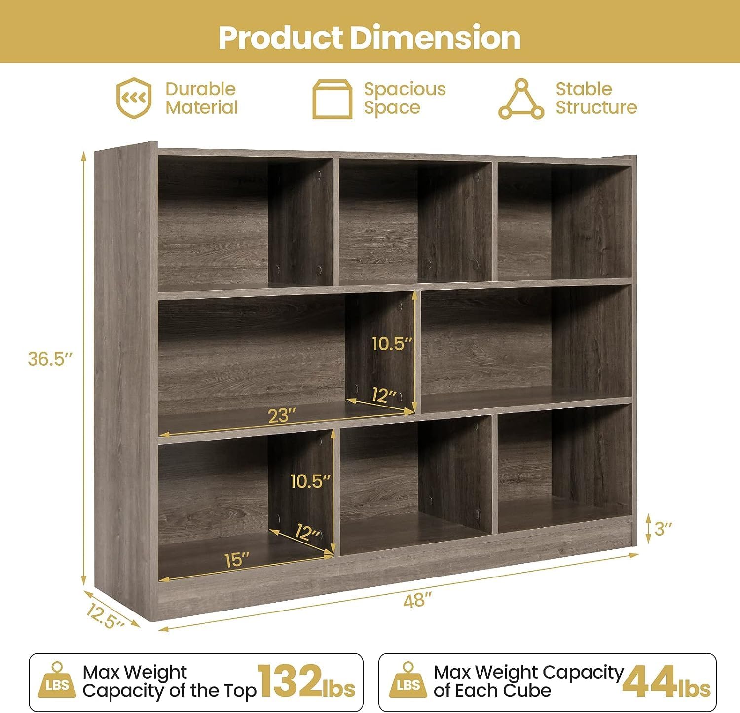 LDAILY 8 Cube Low Bookcase, 3 Shelf Horizontal Bookshelf, 3-Tier Storage Cabinet with Anti-Tipping Device, Modern Storage Shelves for Living Room, Classroom, Kids Room, Office (Gray)