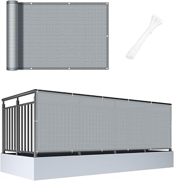 Cool Area 3x10 Grey Balcony Privacy Screen Fence Cover HDPE Mesh Fabric with Grommets UV Protection Weather-Resistant Wind Screen for Outdoor, Backyard, Deck, Porch, Patio, Apartment Railing