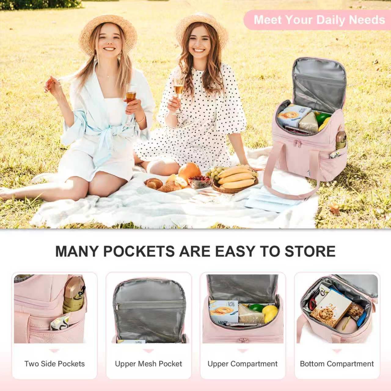 NOL Natural Organic Lifestyle Lunch Bag for Women - Large Double Deck Insulated Lunch Box Leakproof Reusable Lunch Cooler Puffer Lunch Tote Bag with Multiple Pockets for Work Picnic, Pink - Image 7