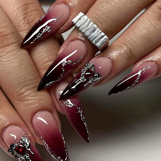 Ombre Press on Nails Long Stiletto Fake Nails with 3D Heart Rhinestone Design Purple Black Gradient Acrylic False Nails Glossy Gel Nail Tips Glue on Nails for Coquette Women Girls 24Pcs