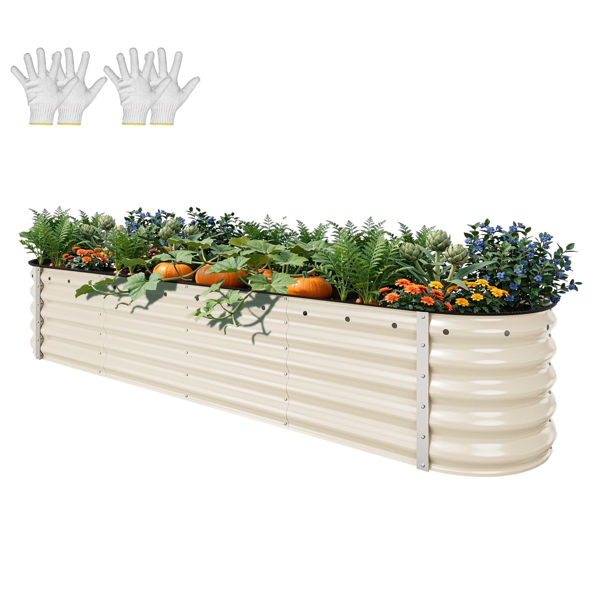 YITAHOME 8x2x1.5ft Large Raised Garden Bed Kit, 17" Tall 9 in 1 Galvanized Metal Planter Box with Gloves & Safety Rubber, Outdoor Above Ground Planters for Plants Vegetables Flowers, Cream Yellow White 8x2x1.5ft