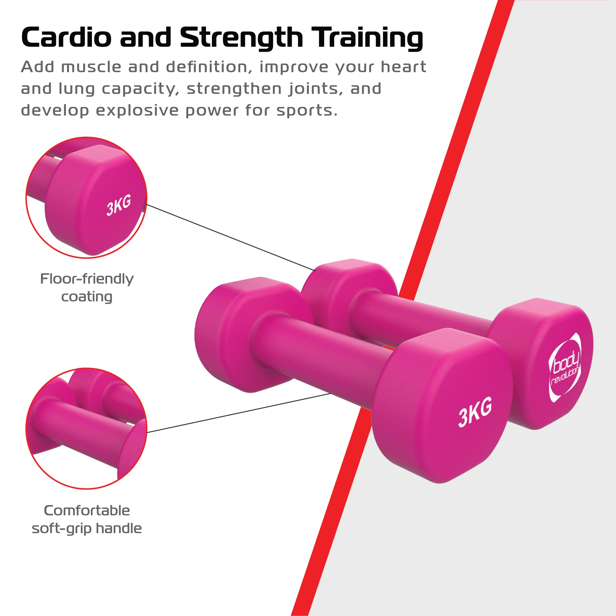Hantle neoprenowe 0,5 kg - 10 kg - powlekane hantle żeliwne, ciężarki do ćwiczeń cardio, aerobik i HIIT - sprzęt gimnastyczny do treningu siłowego w domu i treningów od Body Revolution