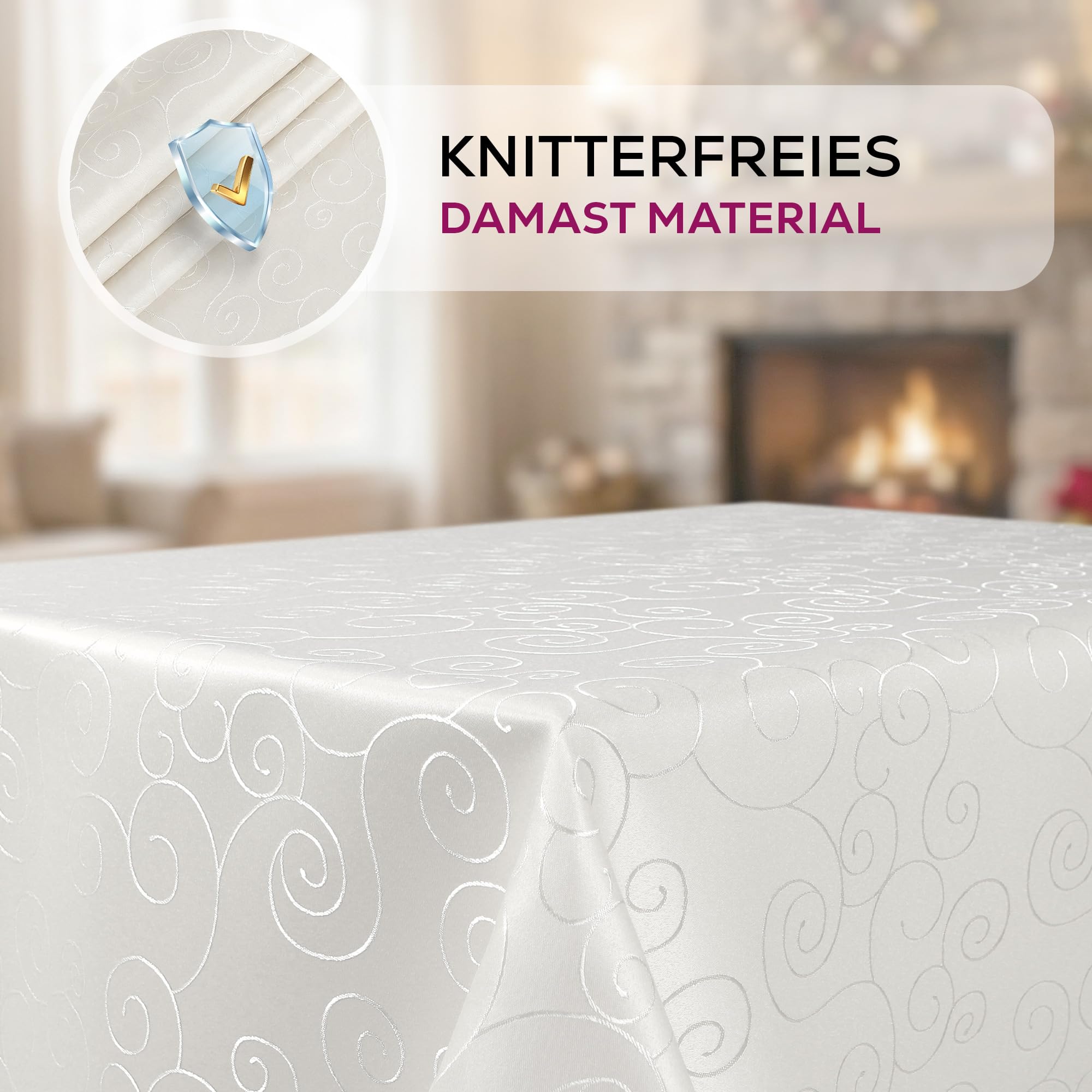 BEAUTEX Damast Tischdecke Ornamente eckig 160x300 Champagner bügelfrei edel | fleckenabweisend, Lotuseffekt, formstabil, strapazierfähig, eleganter Glanz, hochwertige Tischwäsche für Alltag und Anlass