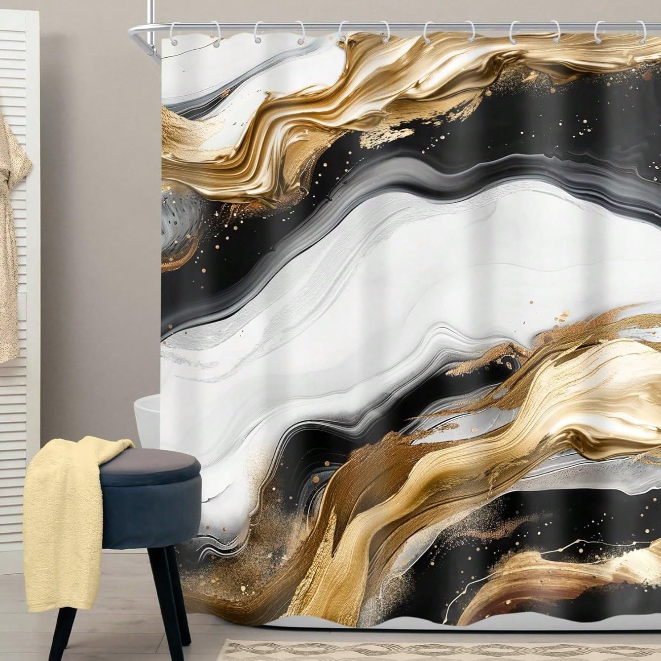Cortina de ducha abstracta con efecto degradado de mármol, estética moderna, lujosa, con textura dorada y grietas, decoración neutra para baño con ganchos (240 x 199 cm / 94 x 87 pulgadas (WxH)