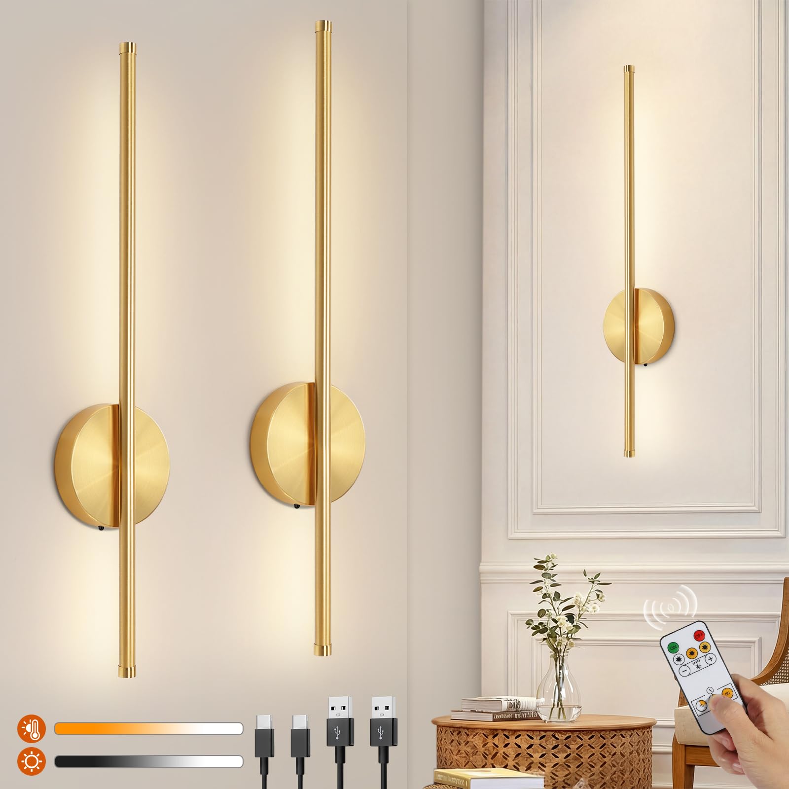 Ketom 2 Stück LED Wandleuchte Innen Gold, Dimmbare Wandlampe mit Fernbedienung, 3 Farbtemperaturen, USB Aufladbar Akku