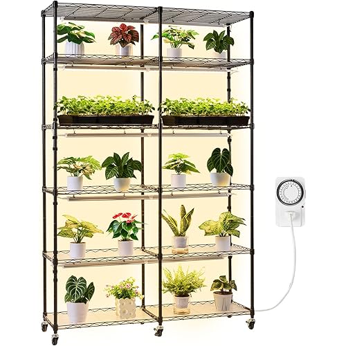 VEVOR Plant Shelf with Grow Light, 6-Tier Double-Row Plant Stand, 71in Tall Indoor Plants Display Rack with Wheels & Timer, 200W Full Spectrum Grow Lights, Metal Flower Pot Holder for Seed Starting