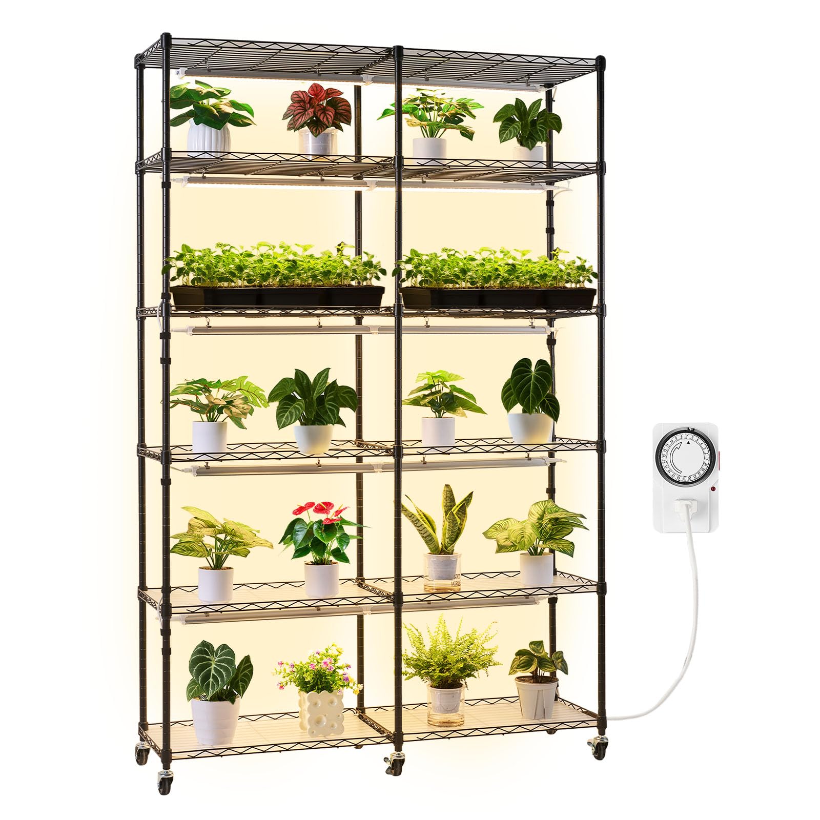 VEVOR Soporte para Plantas con Luz de Cultivo 6 Niveles Doble Fila 180 cm 200 W, Estante para Plantas con Ruedas, Temporizador Mecánico, para Crecimiento de Planta, Macetas, 1200 x 350 x 1800 mm