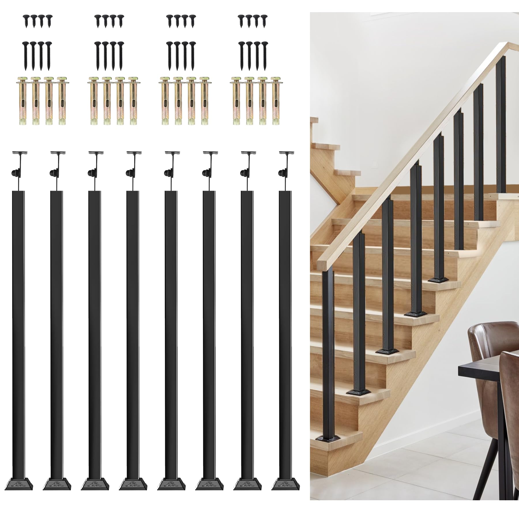 Photo 1 of Indoor Railing Kits, 8 Pack Black Railing Post Kit, 270° Adjustable Flat Brackets Spindle Post & 35.43" Iron Square Stair Posts Kit for Stair Railing Indoor, Balcony, Staircases Spindles, Deck, Attic