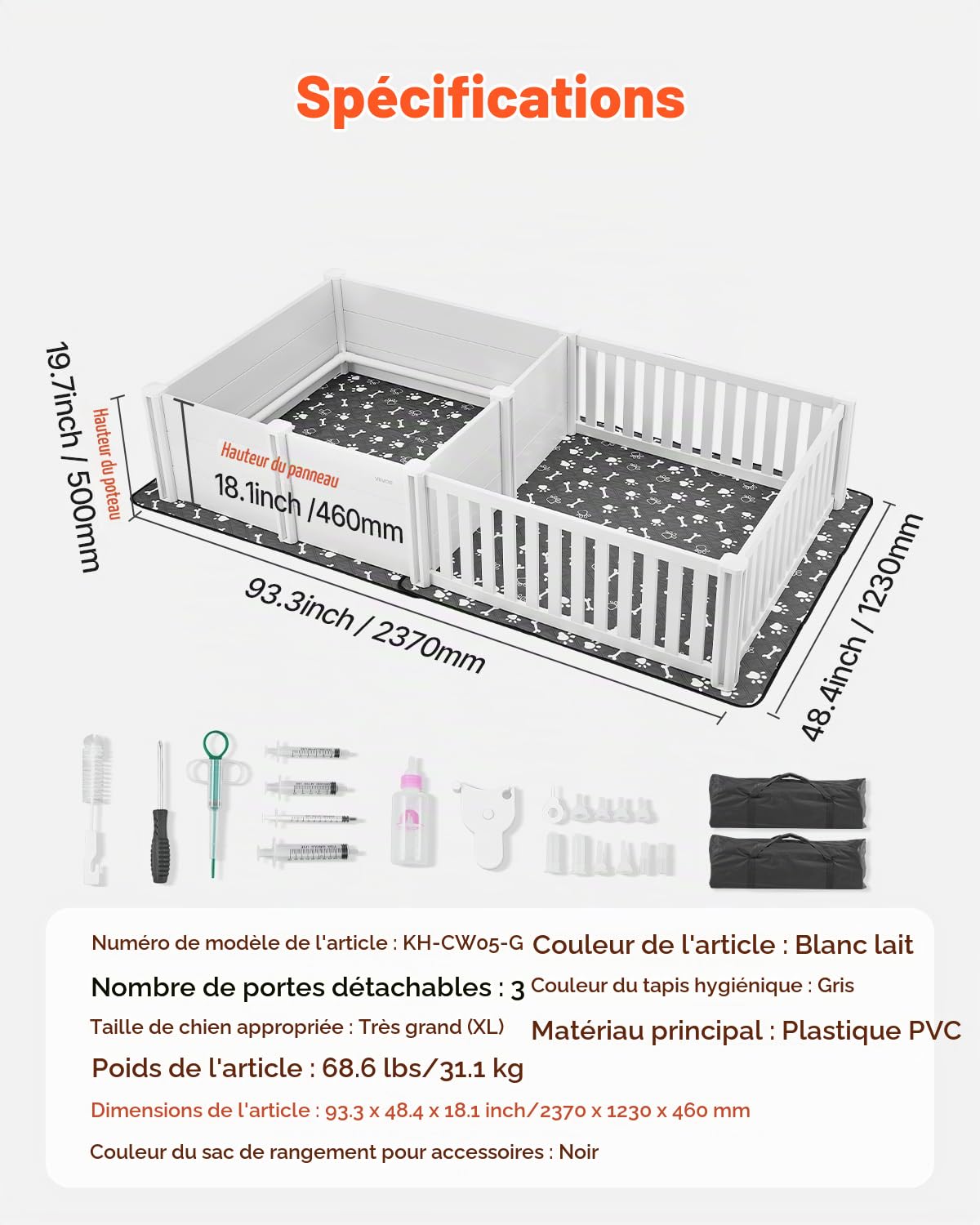 VEVOR Parc de Mise Bas pour Chien, 236x123x46 cm, Caisse de Mise Bas pour Chiots, avec Porte Hauteur Réglable, Tapis d'Urine Lavable, Boite de Naissance Plastique PVC pour Chiens de Très Grande Race