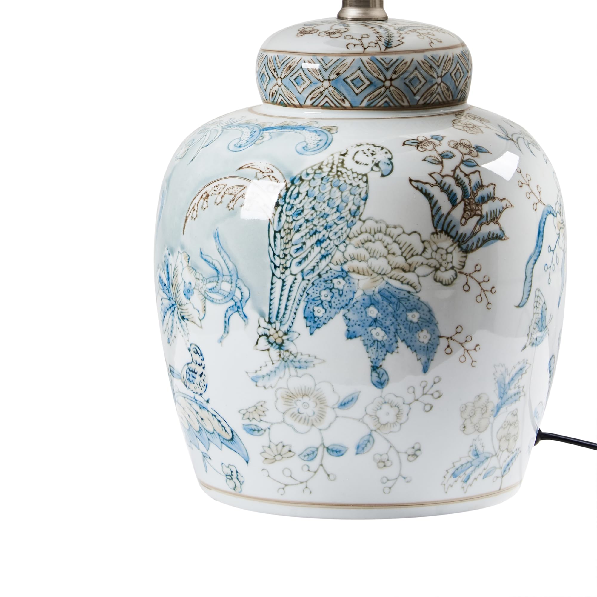 Beliani Lámpara de mesa elegante con base de porcelana con estampado pantalla de lino tambor iluminación blanco y azul Jamapa
