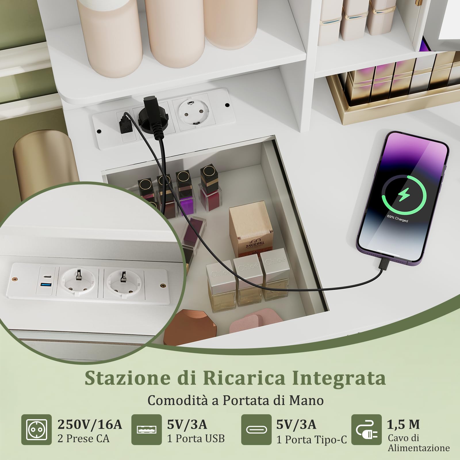 RELAX4LIFE Toeletta Trucco con Stazione di Ricarica, Luce LED a 3 Colori, Luminosità Regolabile, Grande Specchio HD, Tavolo da Trucco con Cassetti per la Camera da Letto (Bianco, 98 x 40 x 138,5 cm)