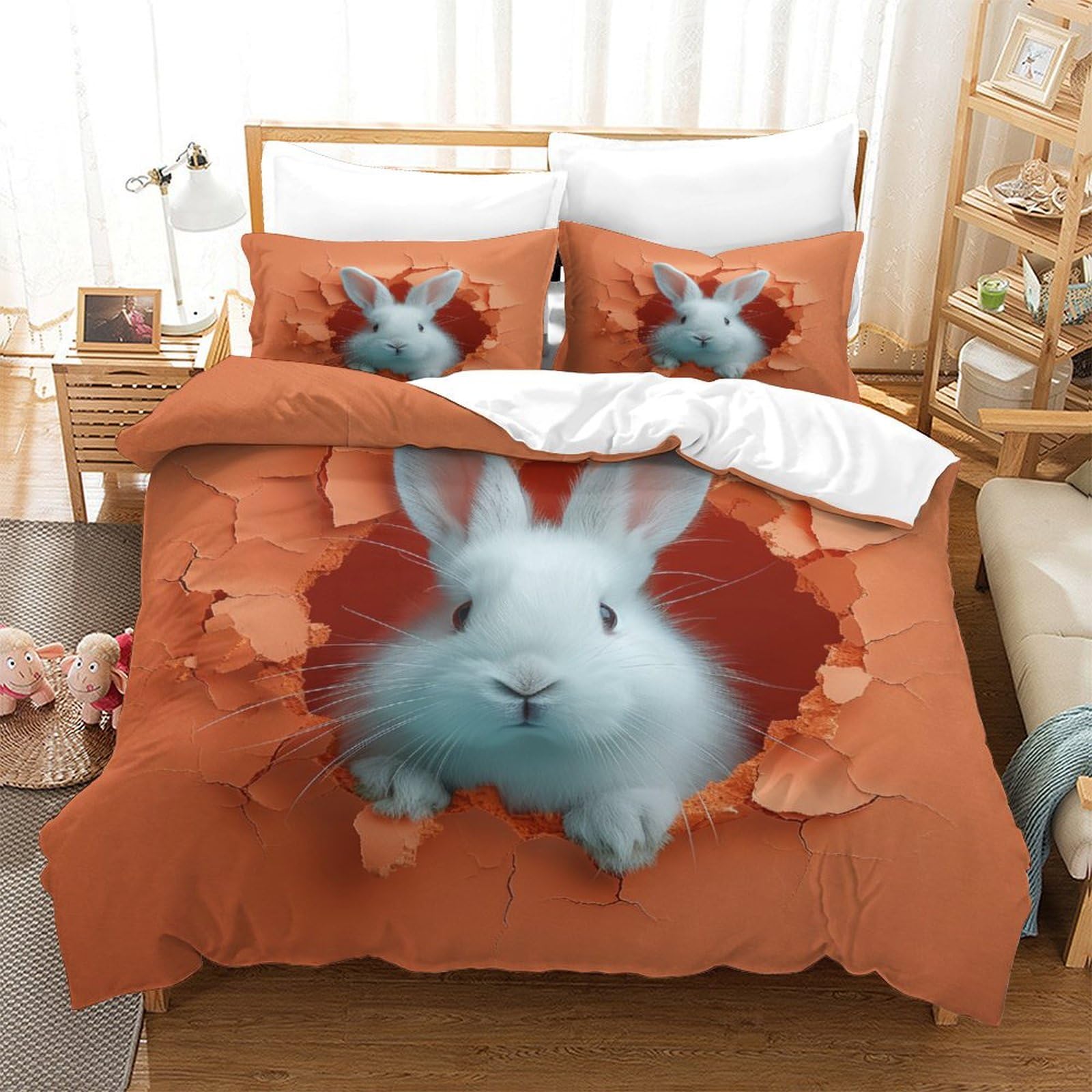 P1S9U7W5Y 3D Printed Cute Rabbit Pattern Duvet Cover Set 3 Pieces Microfiber for Adults Teens Bedroom Decor Rabbit Bedding Set Soft Breathable Home Use Double（200x200cm）