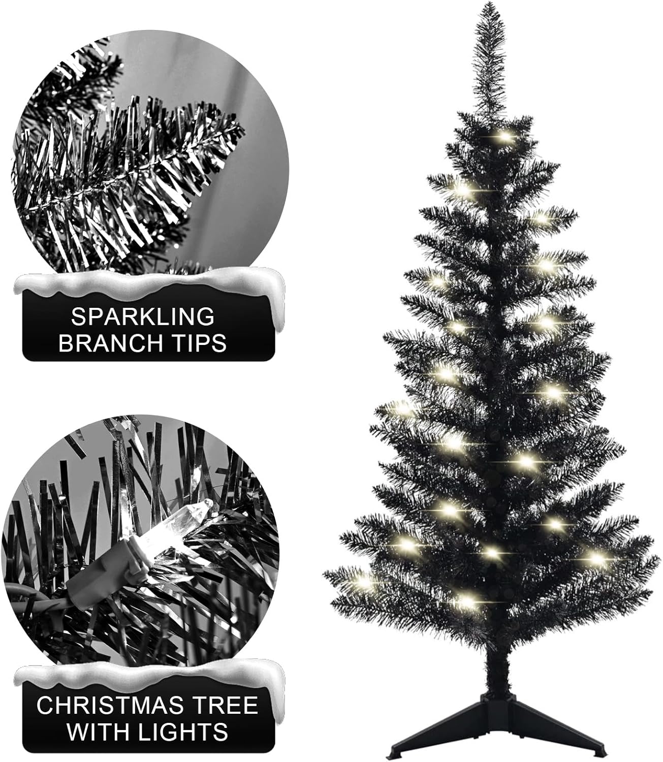 4FT Black Christmas Tree with Lights, Pre-Lit Halloween Trees Small Black Xmas Tree, 50 Warm White Lights, Mini Tabletop Christmas Tree for Home, Shops and Holiday Decoration