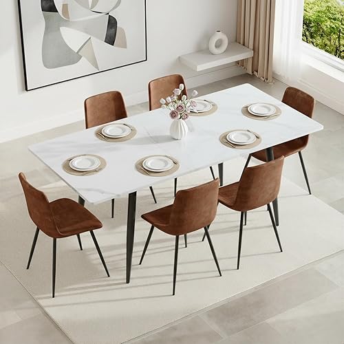 Miniatura 25 de FURNITO Juego de Mesa de Comedor de 7 Piezas, Mesa de Comedor Extensible de 59"-75" con 6 Sillas Tapizadas, Juego Blanco de Mesa y Sillas de Cocina