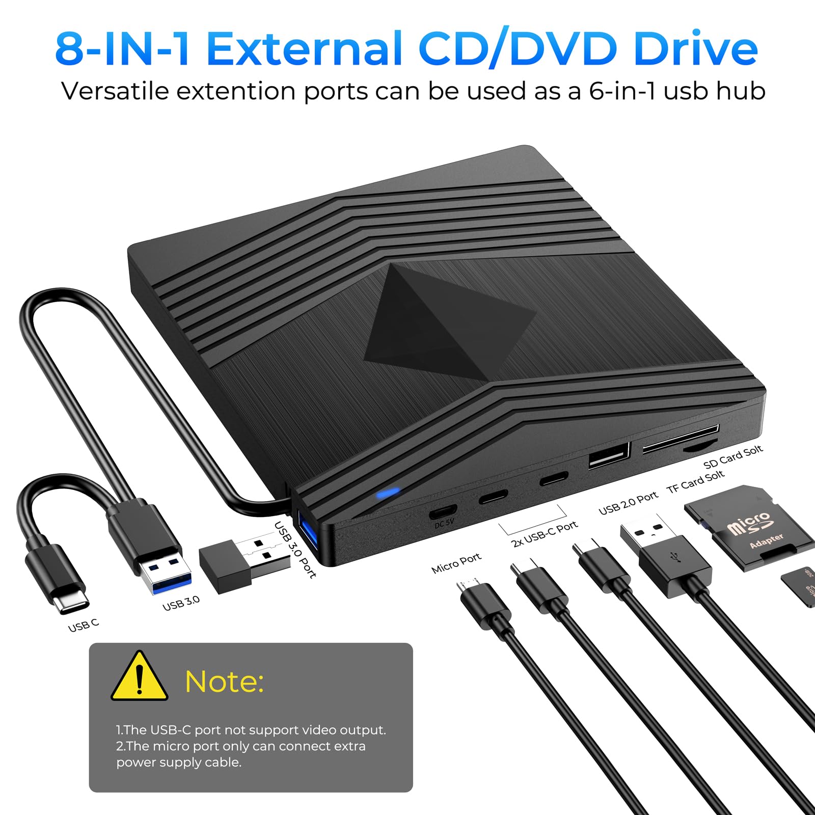 Lettore CD Esterno per PC Portatile, USB 3.0 Masterizzatore DVD CD Esterno con Lettore di Schede TF/SD, Lettore DVD per PC Laptop Mac Windows 11/10/8.1/7/XP/Vista Linux Macbook