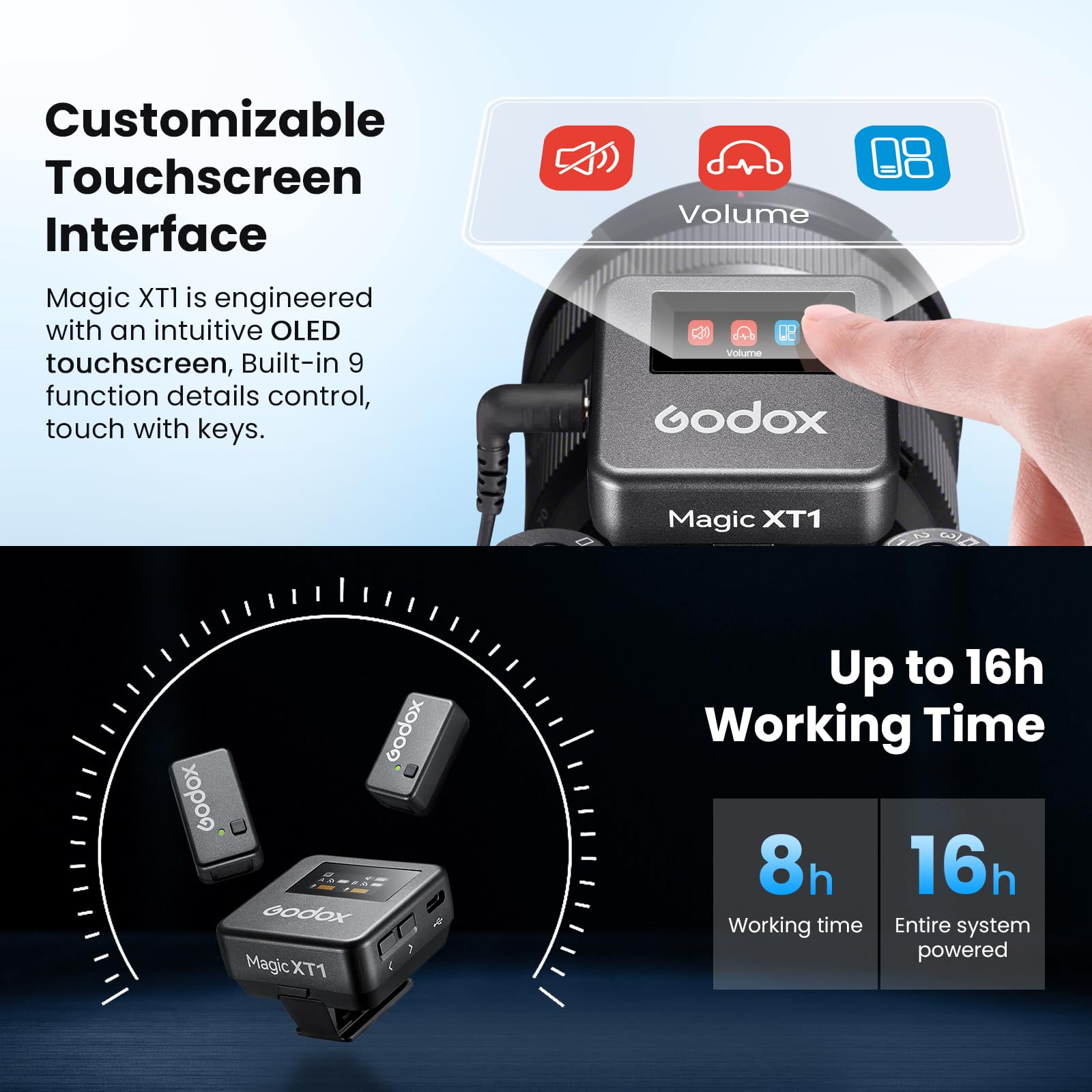 GODOX Magic XT1 - Micrófono inalámbrico de 2.4 G para cámara/smartphone (2TX + 1RX funda de carga), mini micrófono Lavalier con reducción de ruido, duración de la batería de 16 horas, pantalla táctil