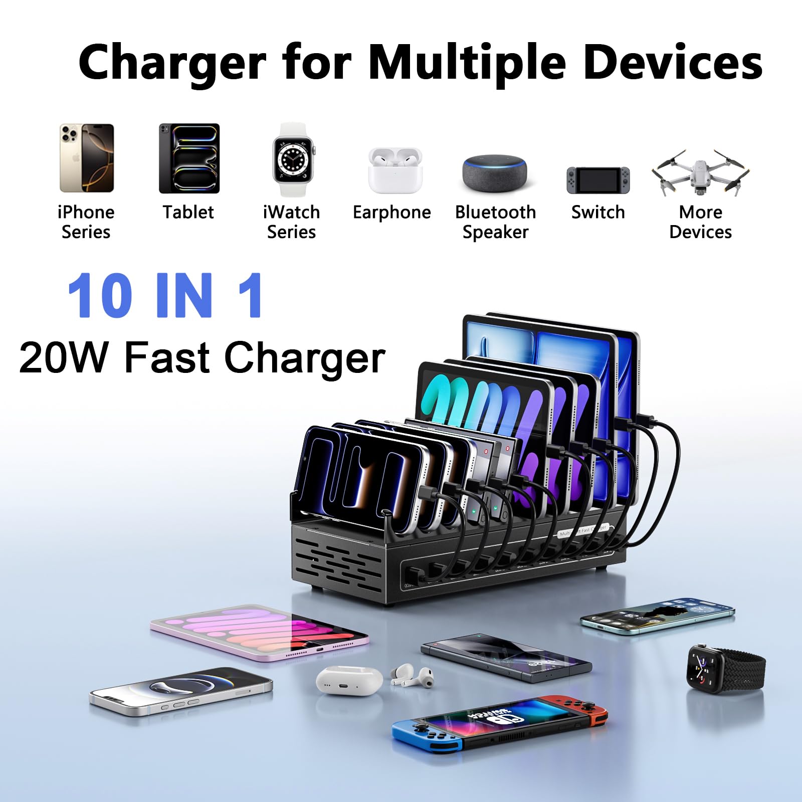 Estación de carga de 200 W para múltiples dispositivos, estación de carga rápida USB de 10 puertos, concentrador de estación de carga múltiple de escritorio compatible con Samsung/iPhone/iPad/Google