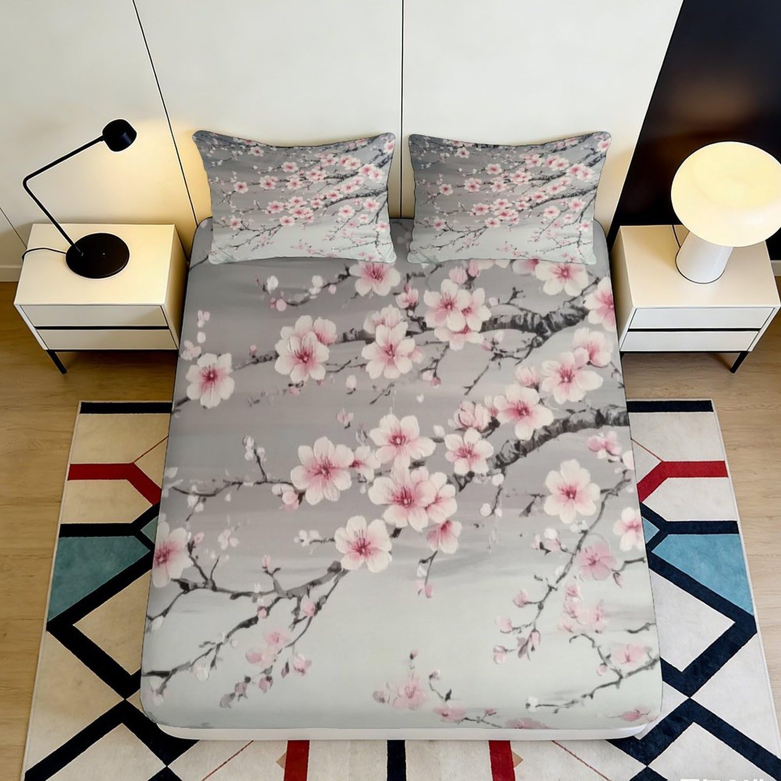 3D Printed Cherry Blossom Fitted Sheet Microfiber Soft Pink Grey Japanese Plum Bed Cover for Bedroom Decor 90x200x25cm