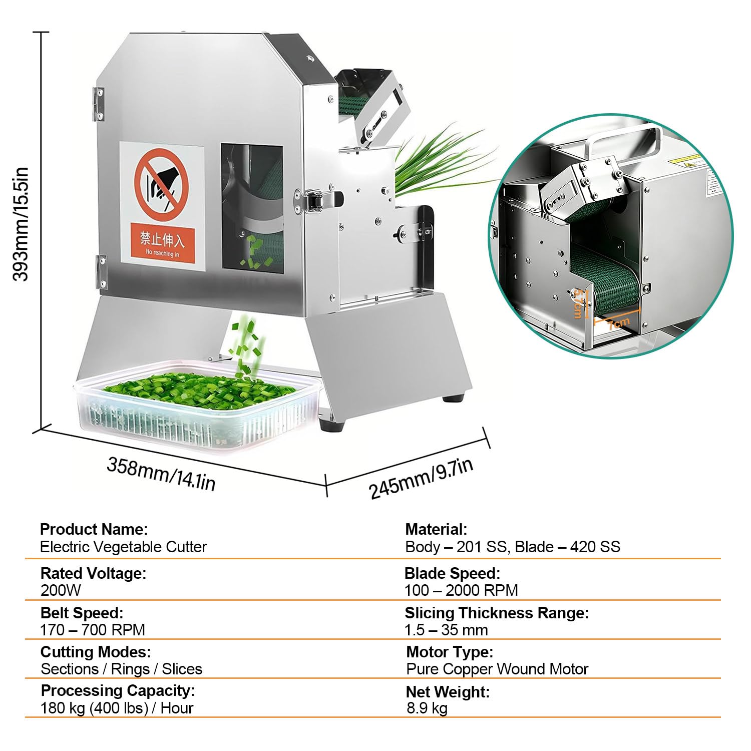 Affettatrice Professionale per Verdure da 200 W 220 V, Affettatrice Elettrica per Frutta e Verdura, Robot da Cucina con Nastro Trasportatore, Spessore Regolabile da 1,5 a 35 mm, 180 kg/h