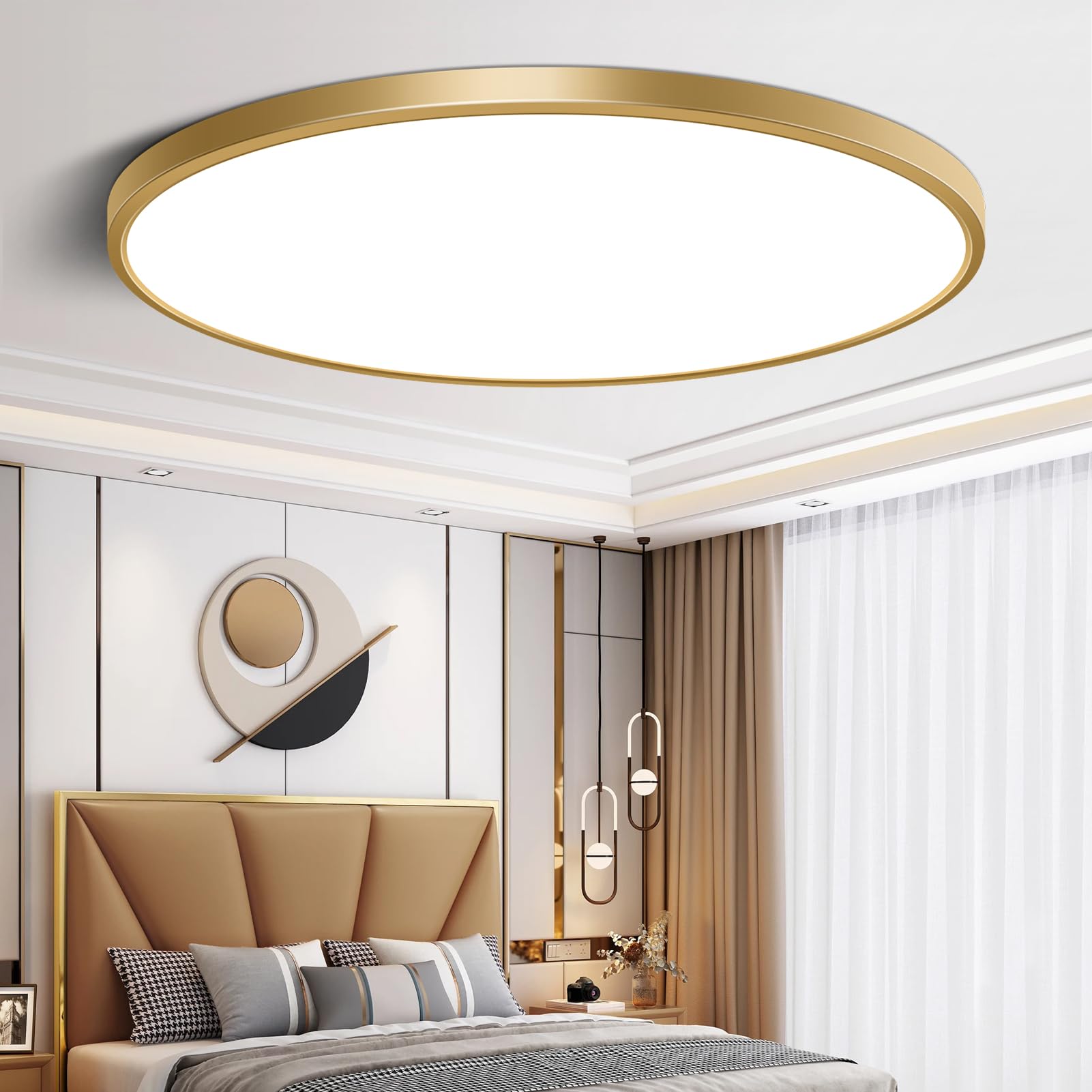15.7 Inch Gold Flush Mount Ceiling Light Fixture, 5000K Daylight White, 32W 3800LM Bright LED Ceiling Light, Flat Round Light Fixtures Ceiling Mount for Bedrooms Living Rooms
