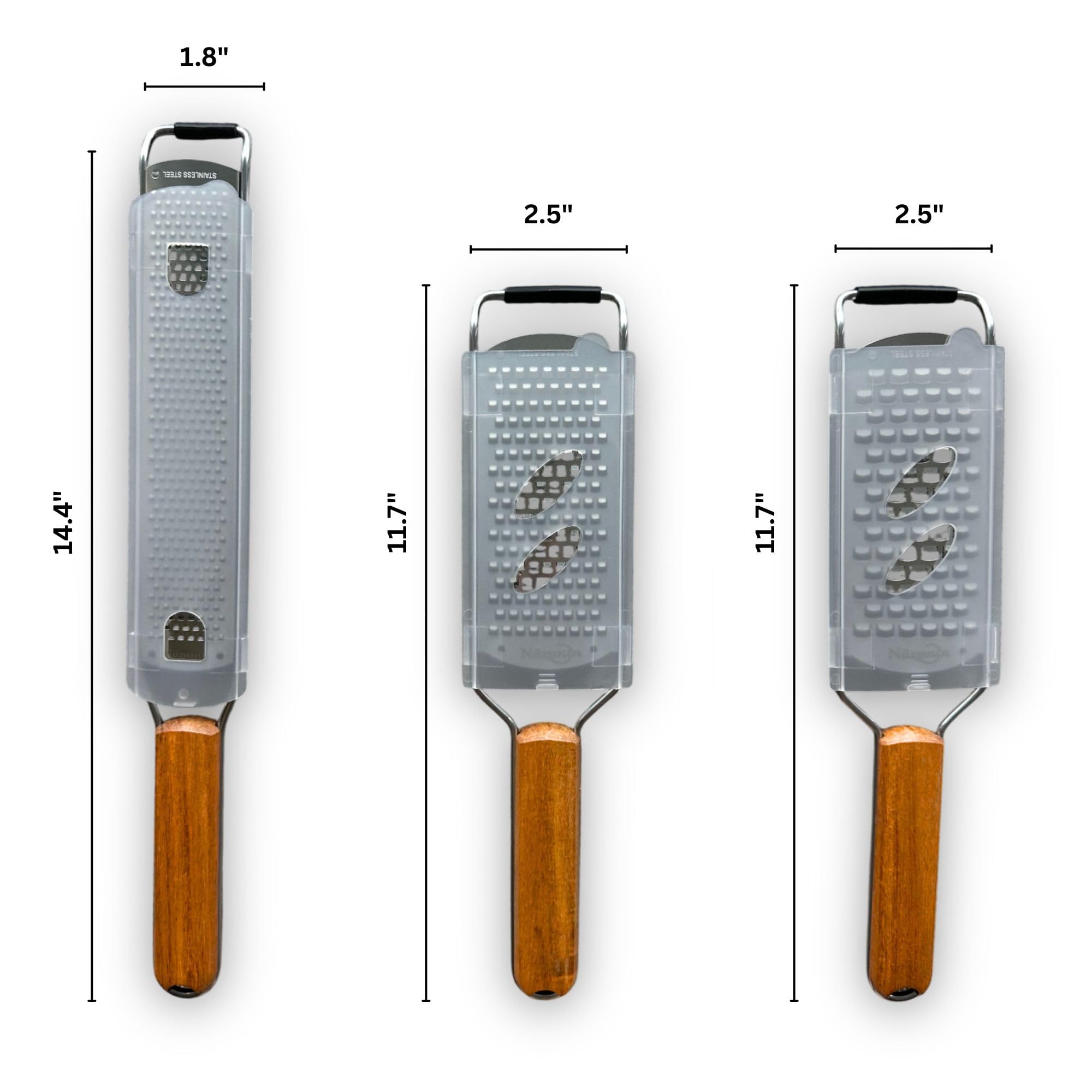 Juego de 3 ralladores de queso de acero inoxidable 304, rallador de verduras y rallador de verduras con asas de madera de acacia, ralladores de cocina de mano para ajo, jengibre, limón, nuez 2