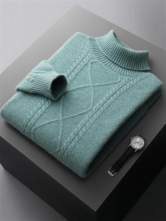 Men Turtleneck Sweater Thick Pullover Knitwear Twist Flower Knitting Warm Tops
