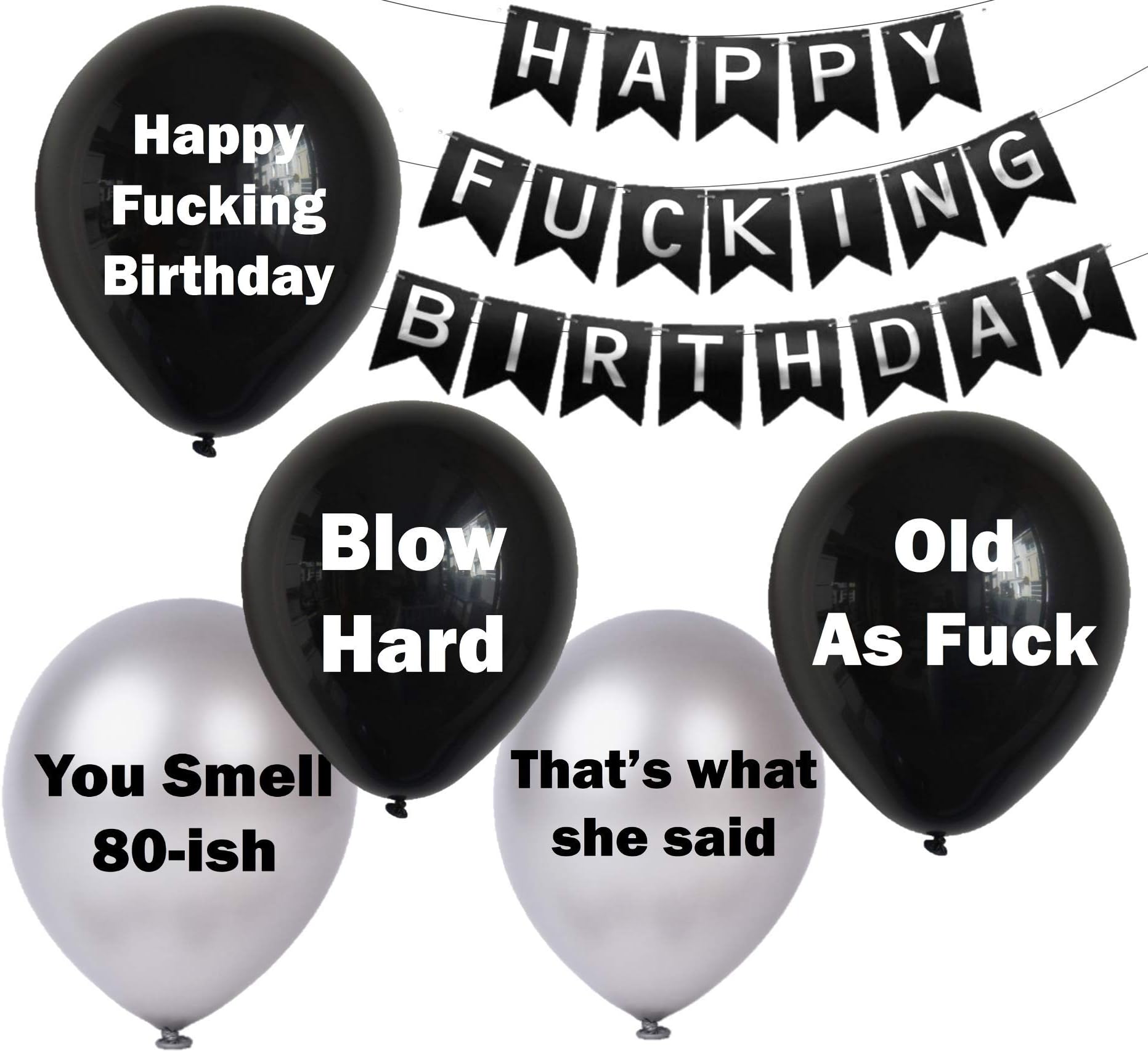 30 pc Large Funny Abusive Adult Birthday Balloons | Gag Gift for a Man Birthday~ Designed by BallBusters, a USA company (Black & Silver Balloons + HFB Birthday Banner)